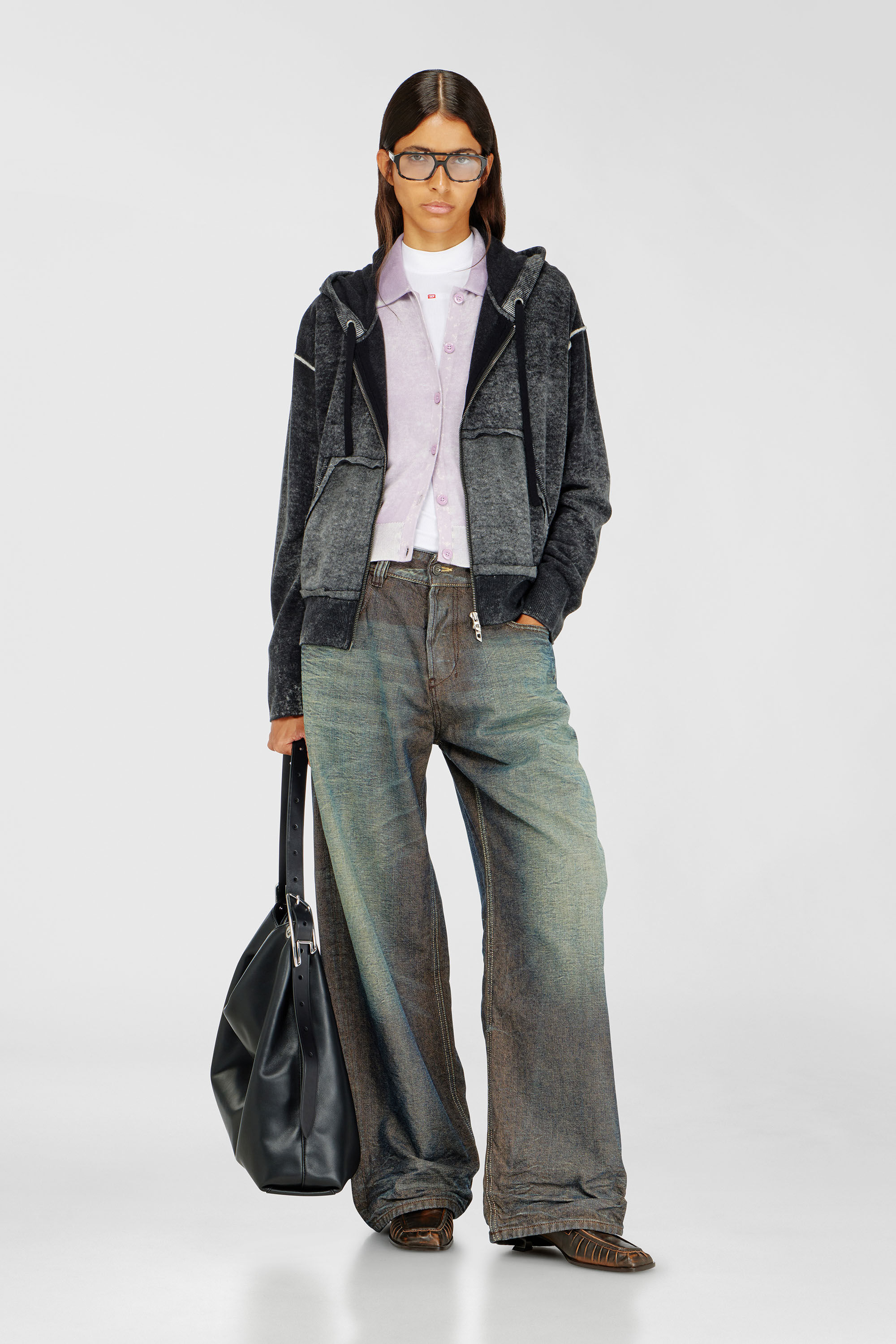 Diesel - M-HERMINE, Woman's Reverse-print hooded cardigan in wool in Black/Grey - 1