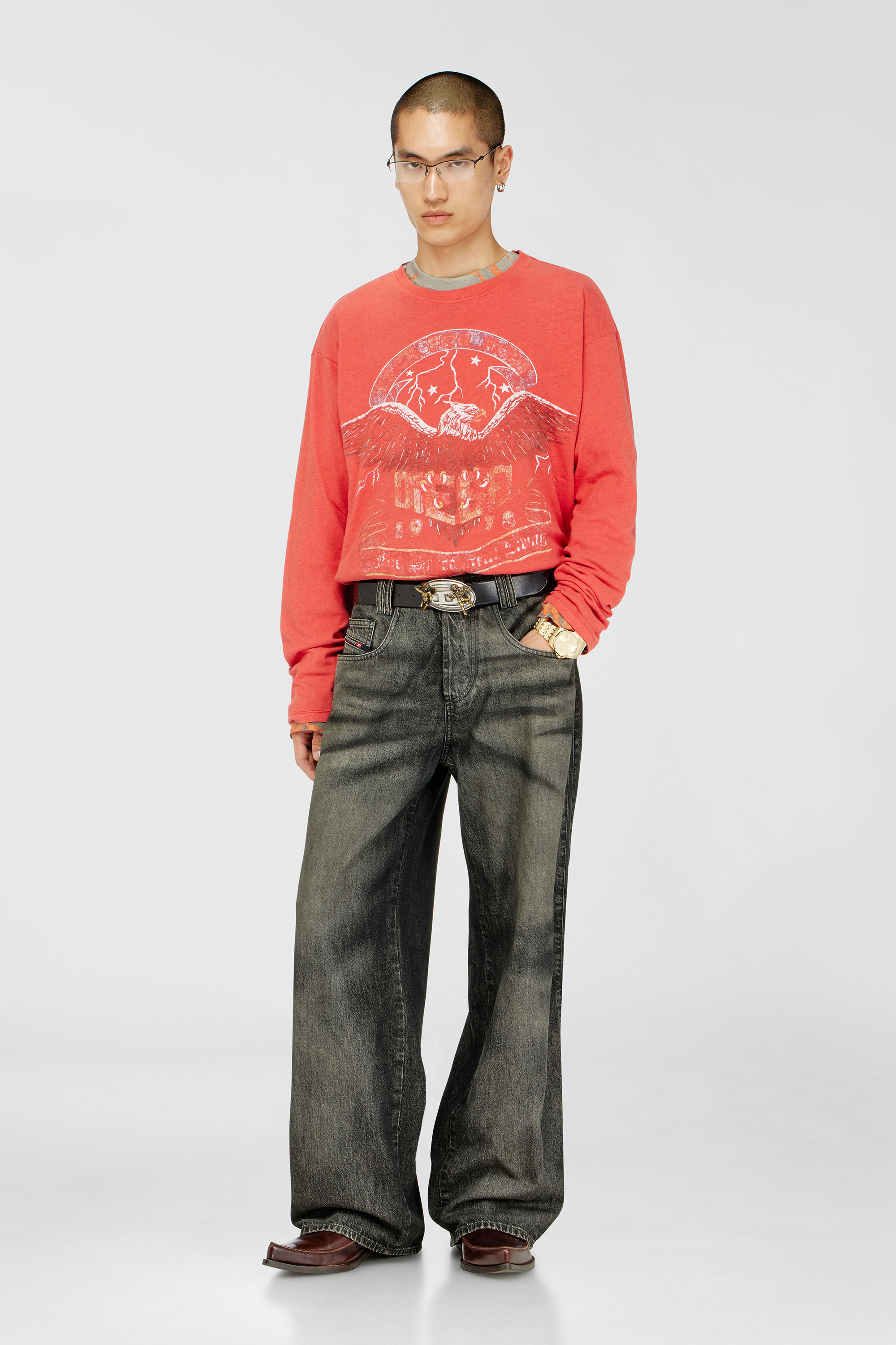 Diesel - T-GERI-LS, Man's Long-sleeve T-shirt with concert graphics in Coral Rose - 1