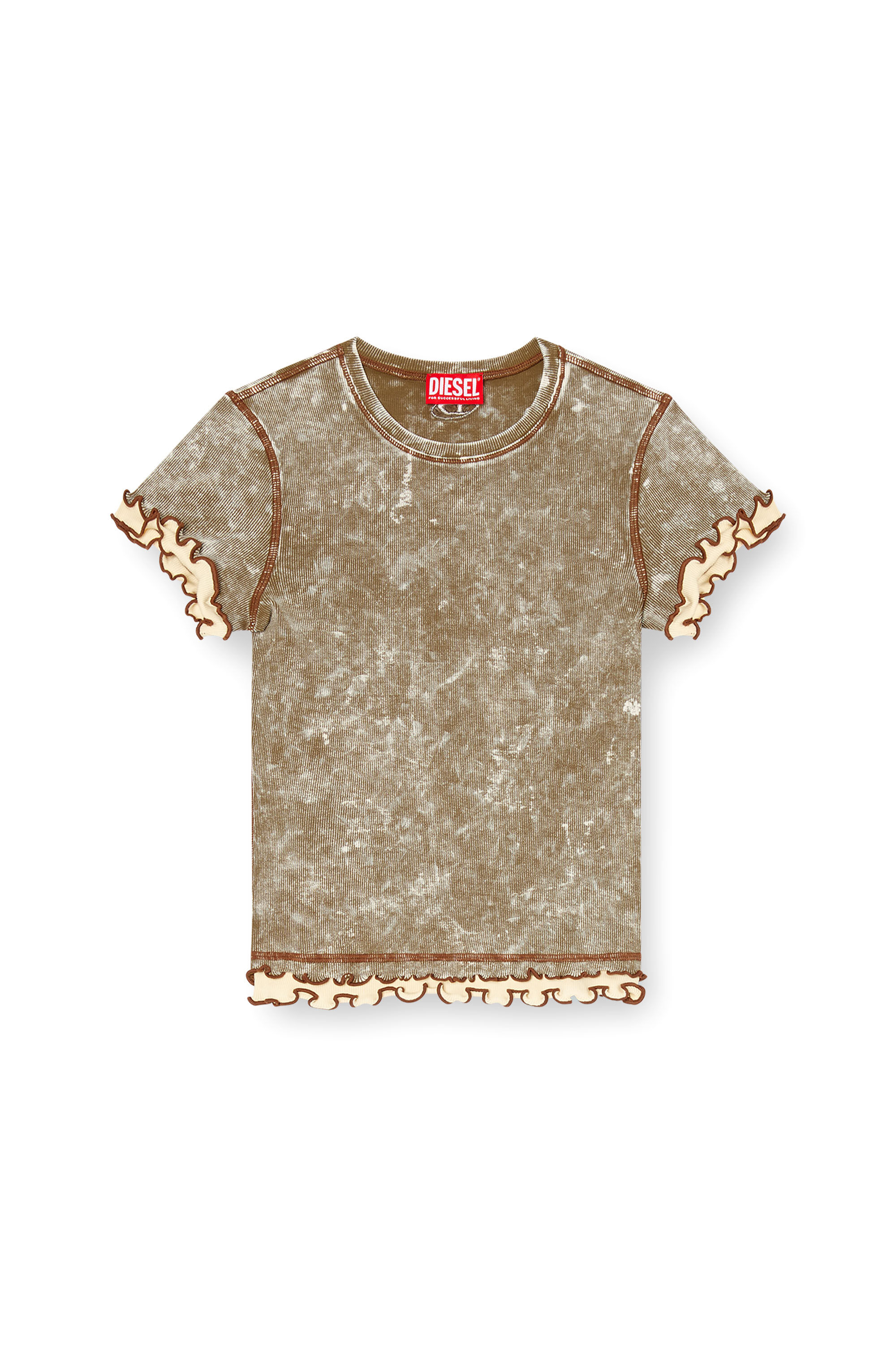 Diesel - T-FLU, Woman's Marbled T-shirt with ruffled trims in Military Green - 2