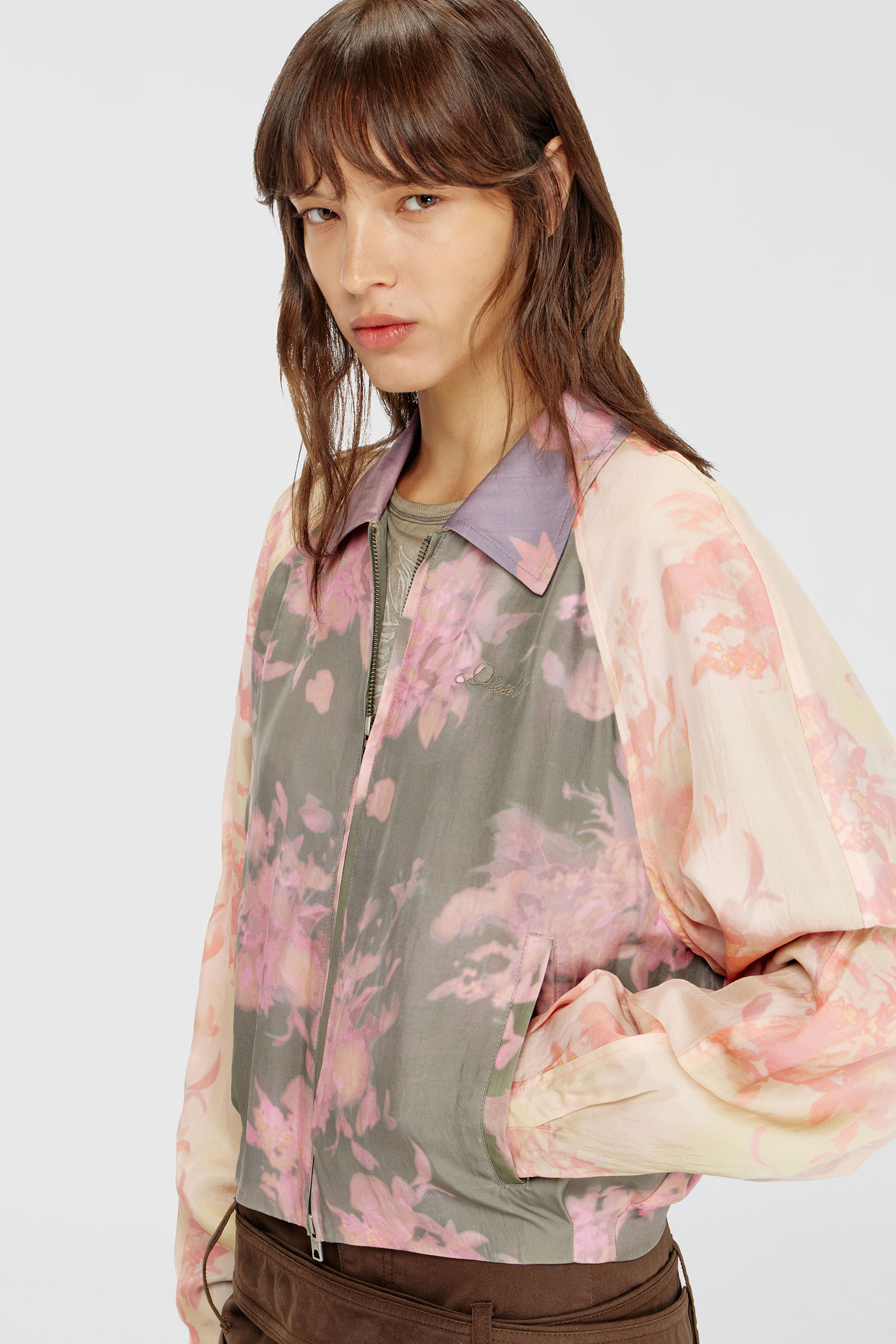 Diesel - G-ALENA, Woman's Floral bomber jacket in crinkled acetate in Green/Pink - 5