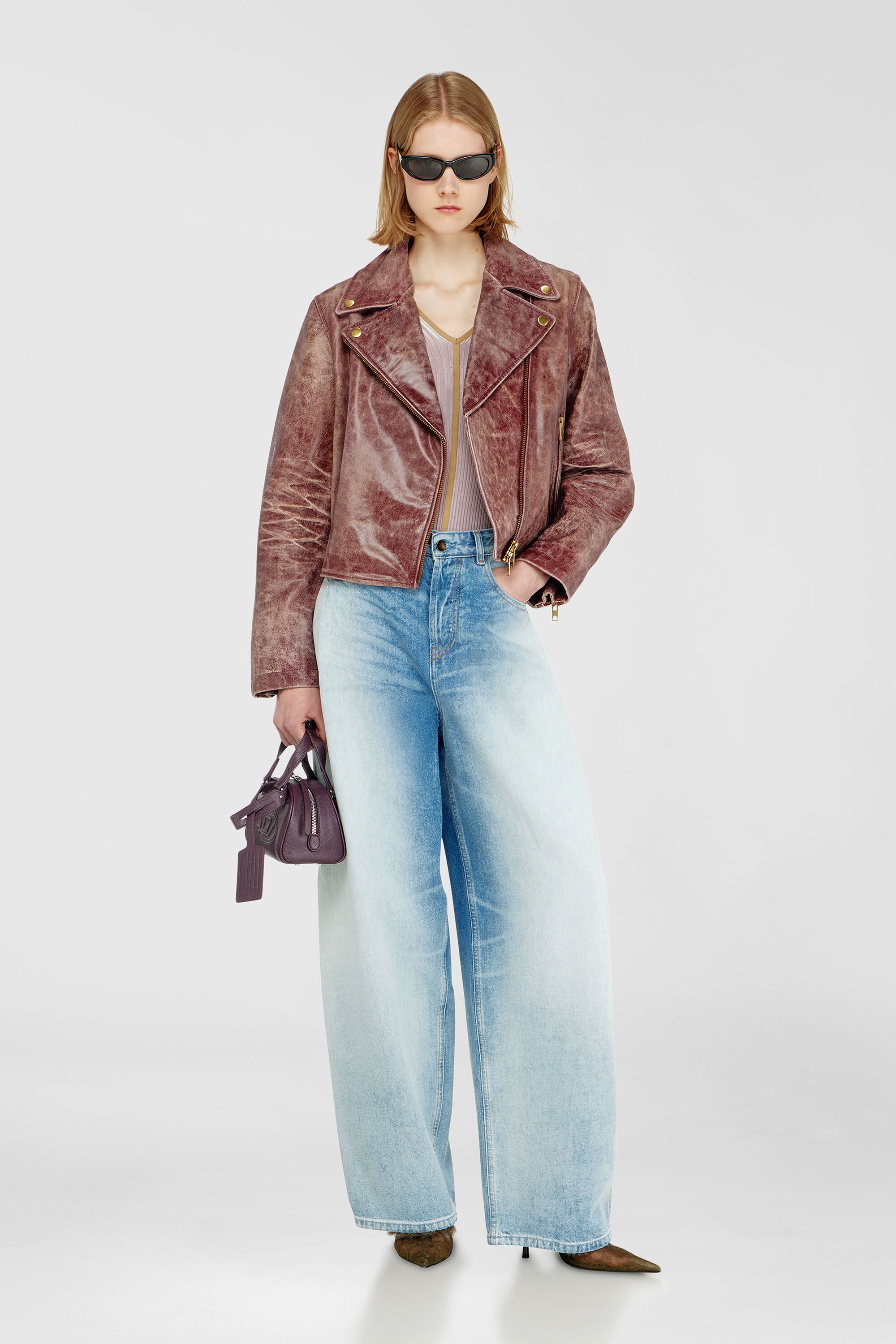 Diesel - L-UNATIC-T1, Woman's Biker jacket in treated leather in Brown - 1