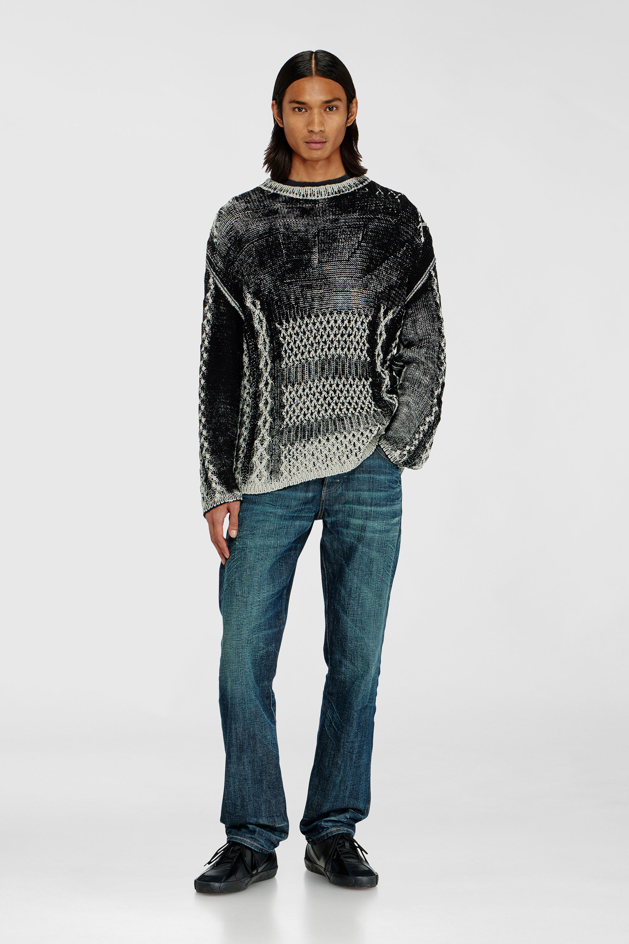 Diesel - K-MIONE, Man's Treated cable-knit jumper in Grey/Black - 1