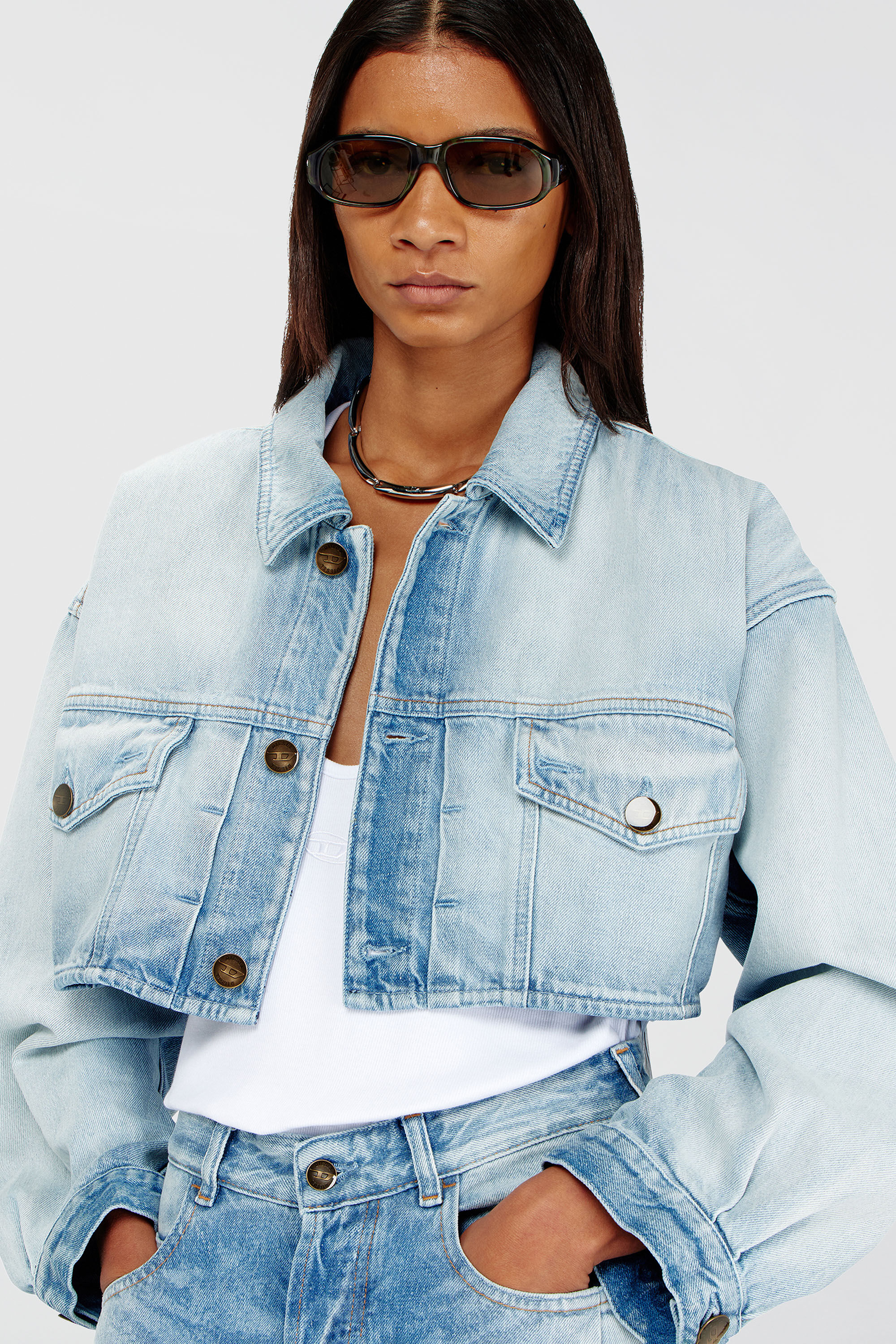 Diesel - DE-MALLEY-S, Woman's Oversized cropped trucker jacket in Light Blue - 5