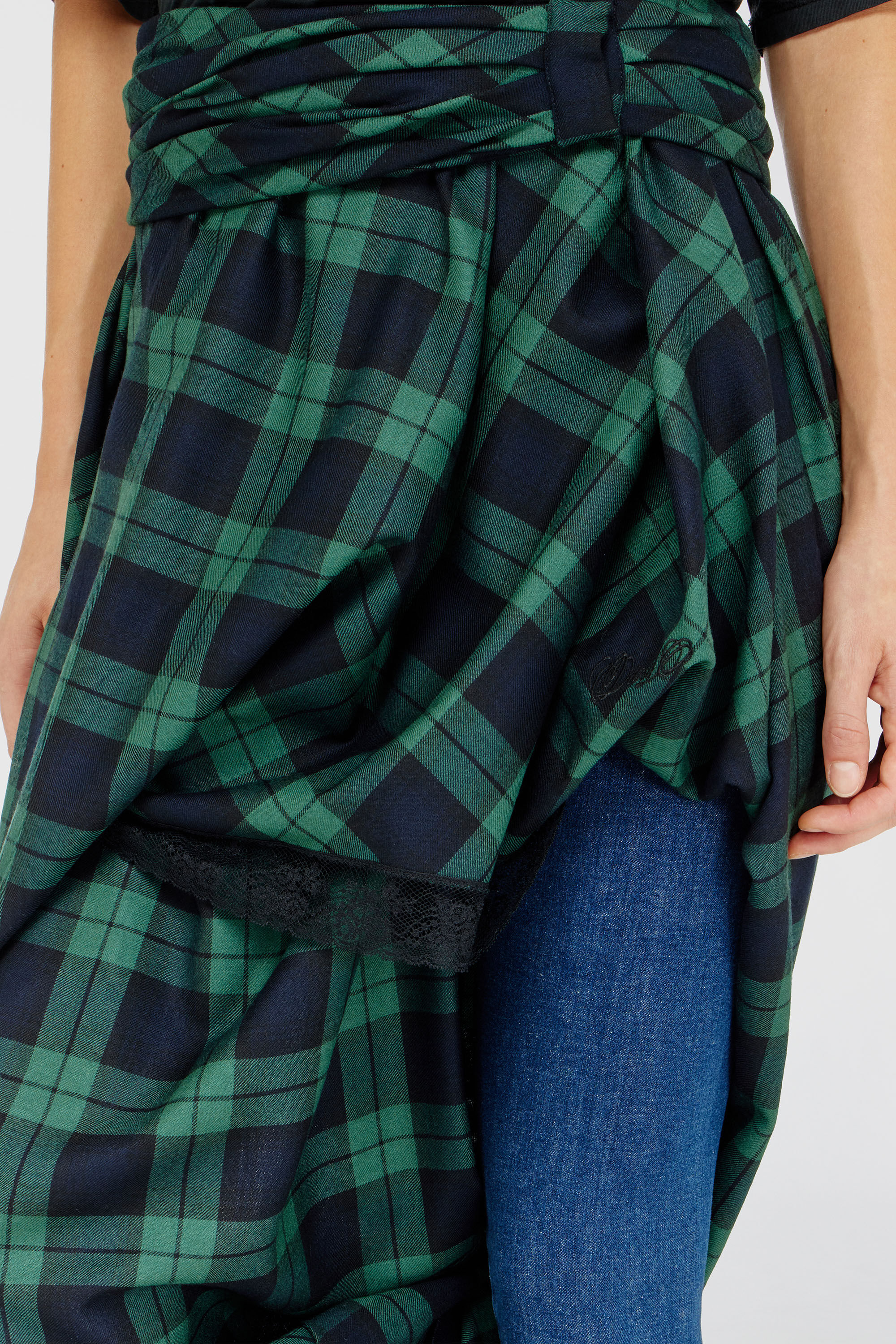 Diesel - O-WINNY, Woman's Draped tartan midi skirt with lace trim in Green/Blue - 6