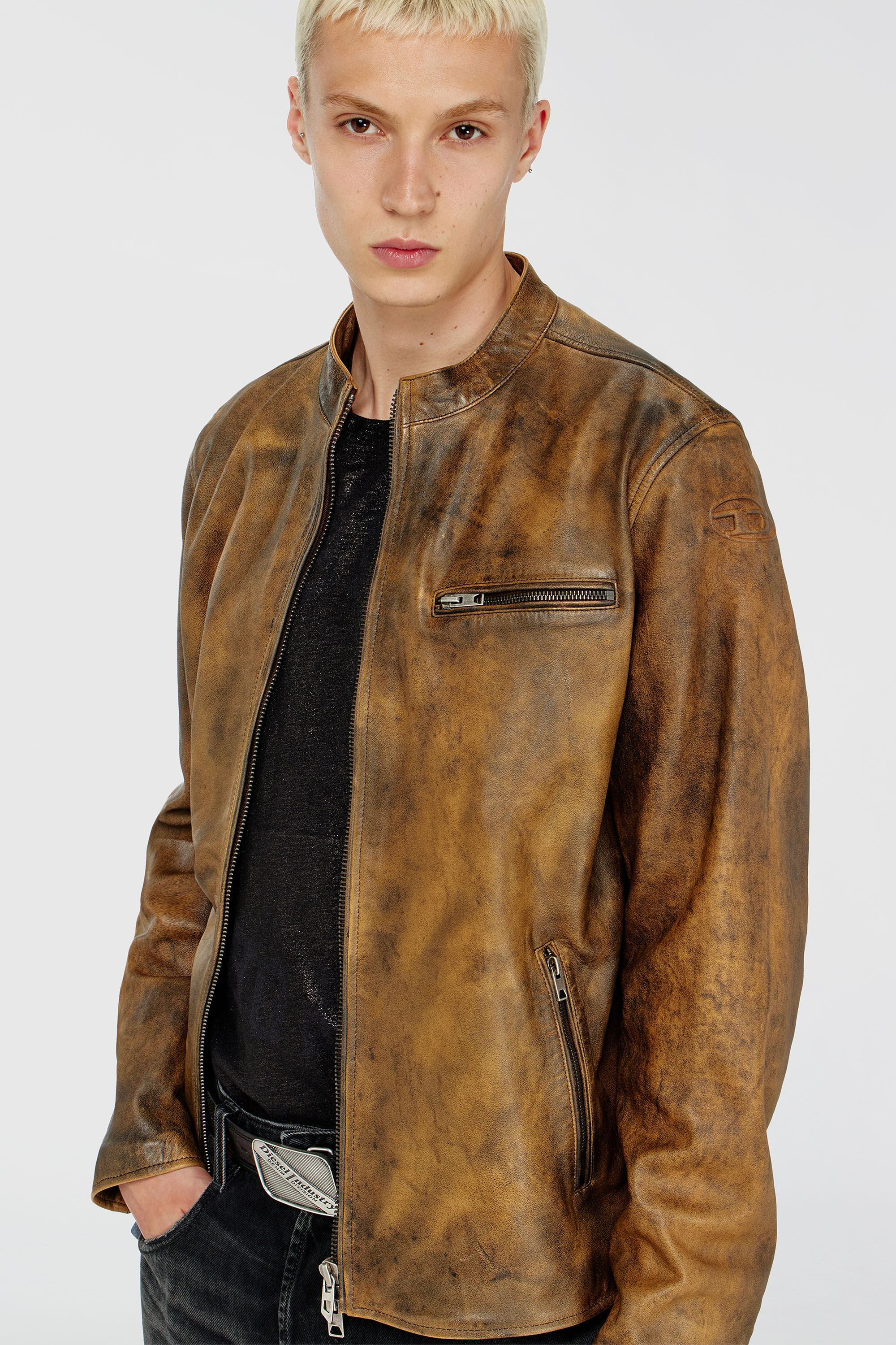 Diesel - L-ZAD-KNCZ, Man's Biker jacket in treated leather in Light Brown - 5