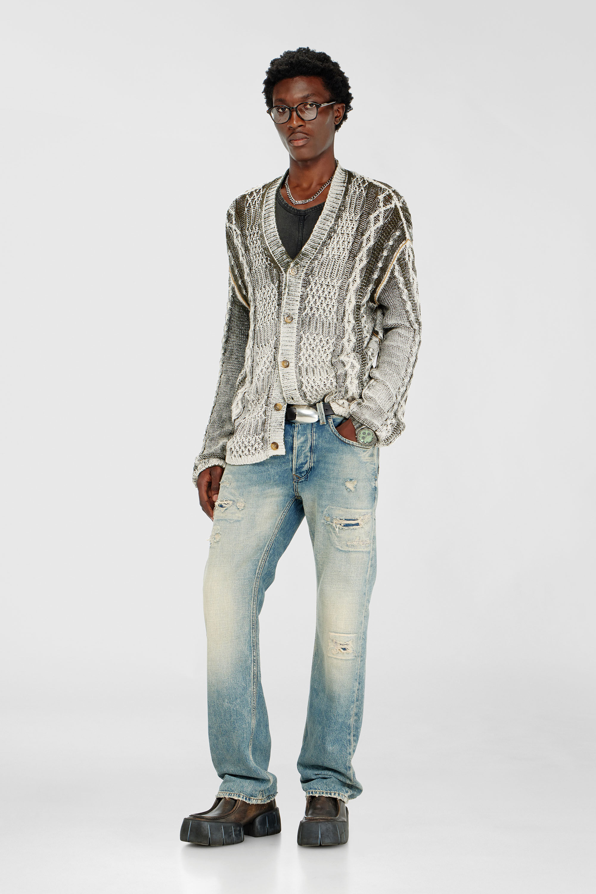 Diesel - K-MIOTO, Man's Treated cable-knit cardigan in White/Grey - 1