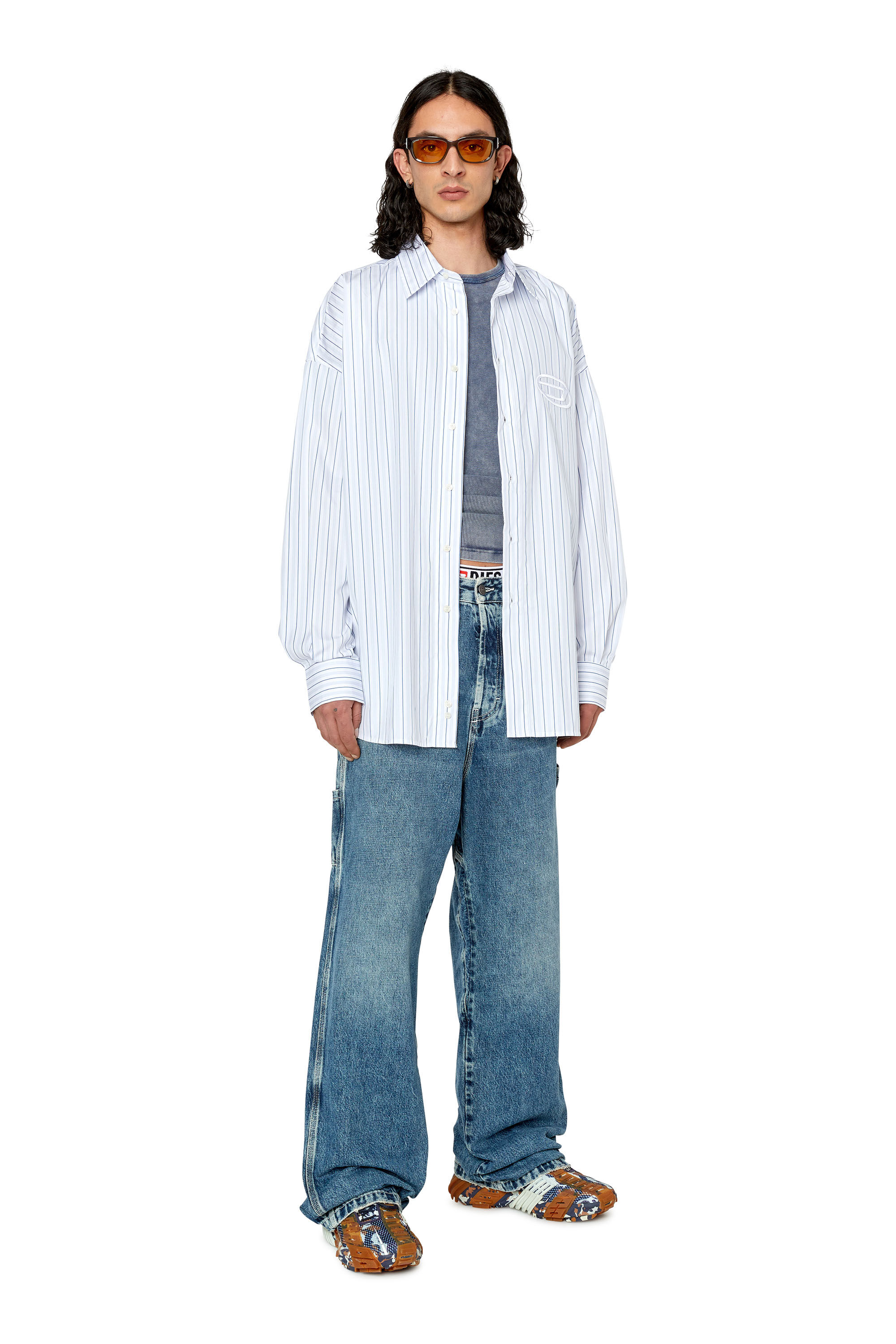 Diesel - S-DOUBLY-STRIPE, Man's Fine cotton shirt with striped pattern in Blue/White - 1