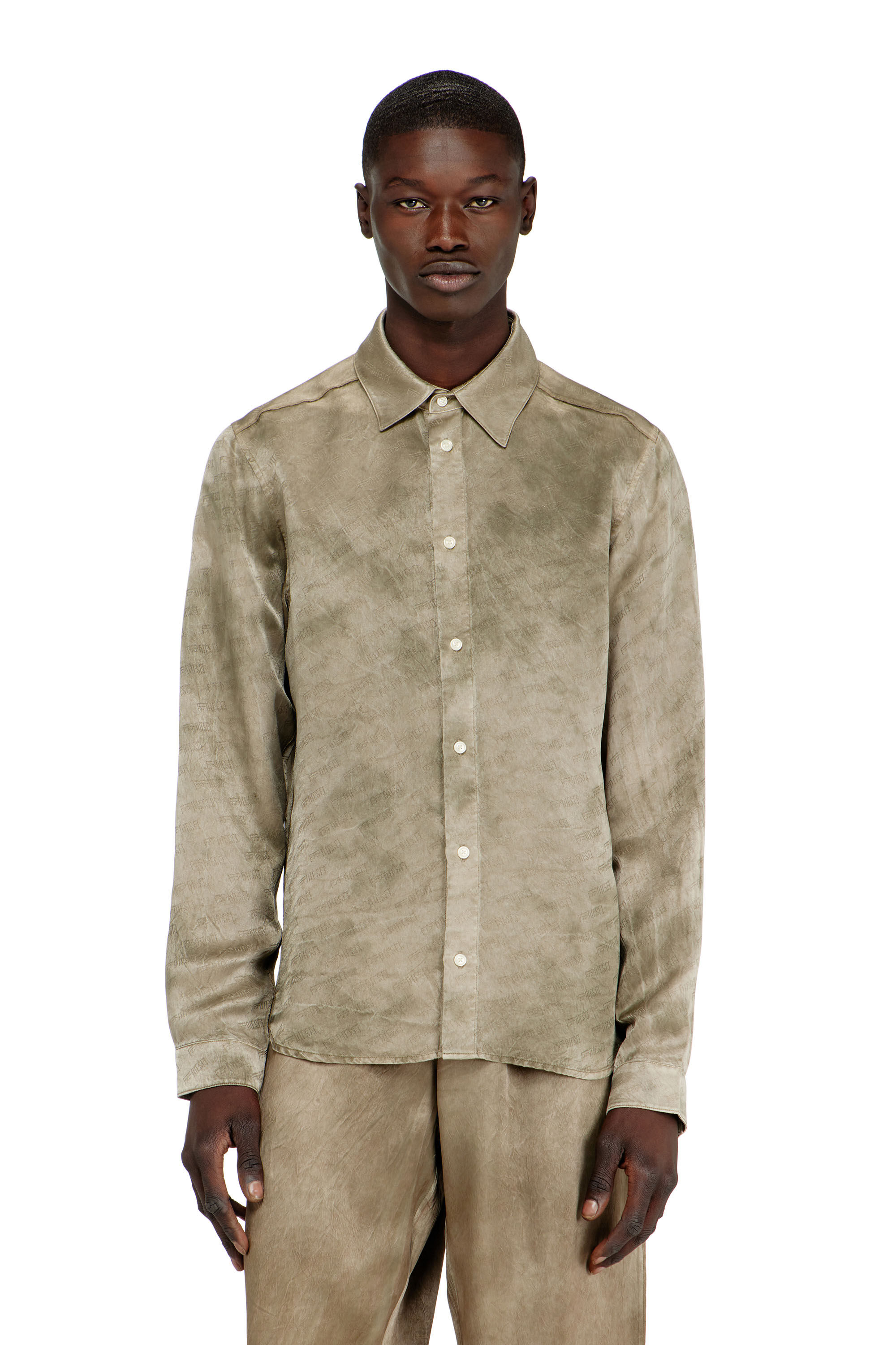Diesel - S-KISSY-HNBW, Man's Shirt in logo-jacquard crinkled satin in Light Brown - 3