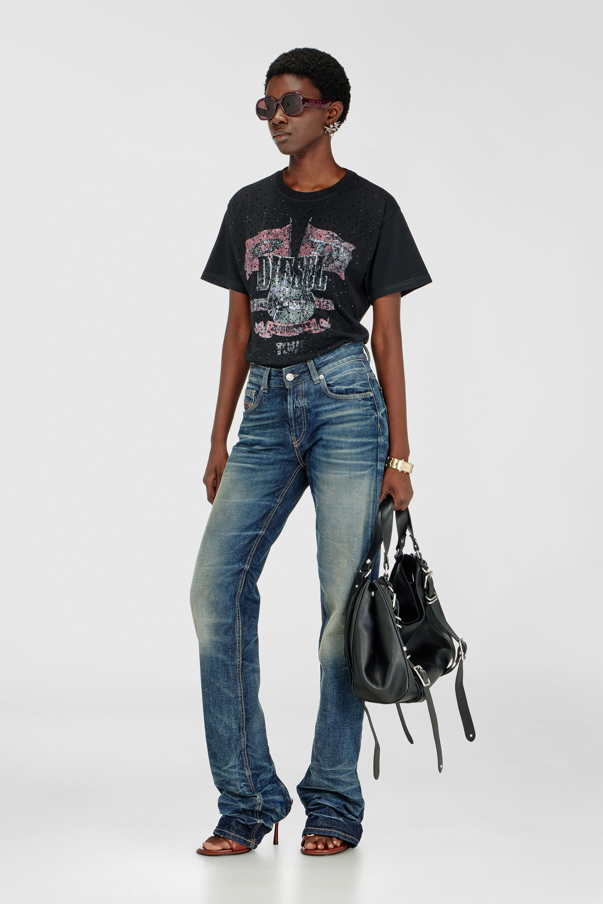 Diesel - T-MARLY, Woman's T-shirt with concert graphics and crystals in Black - 1