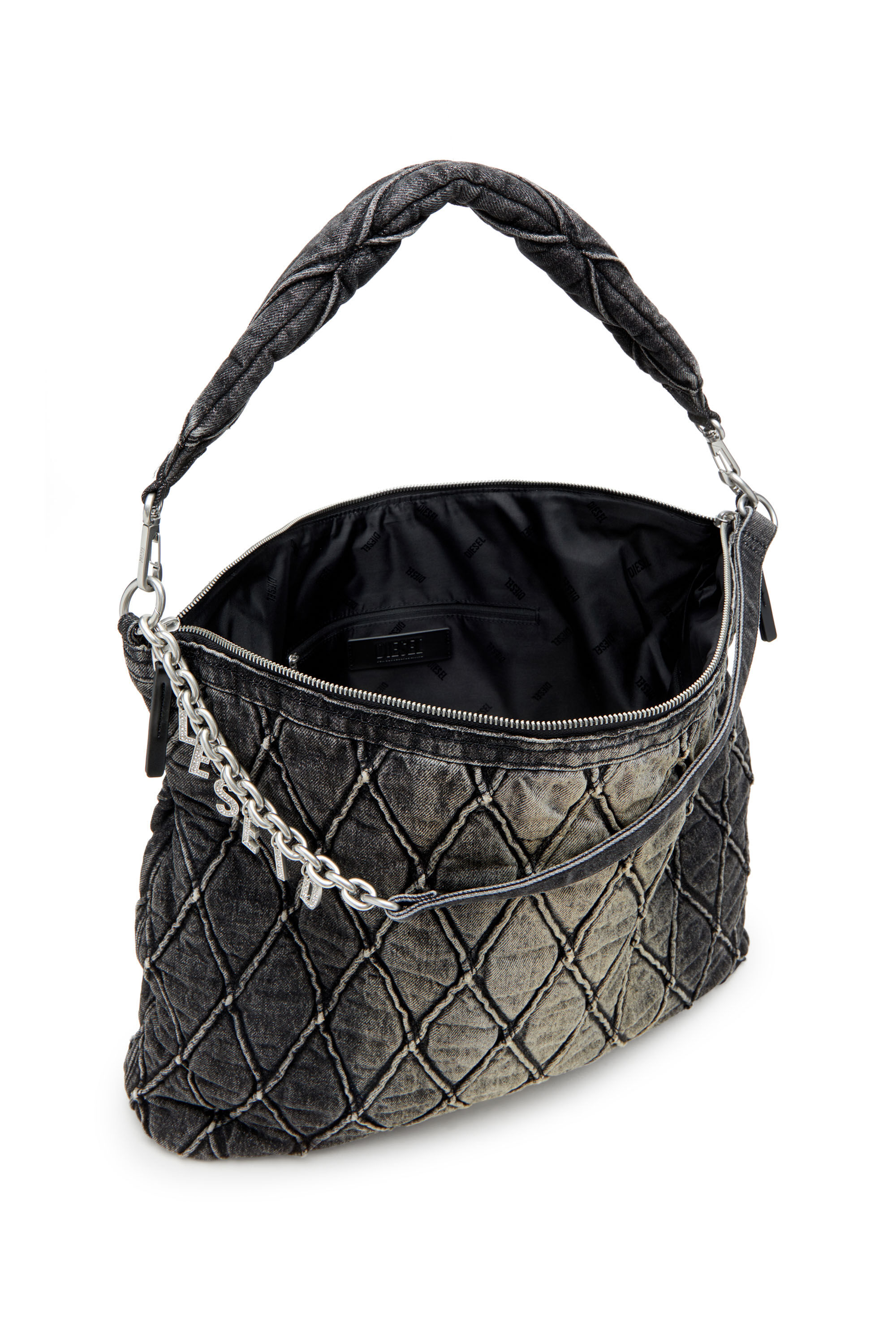Diesel - CHARM-D HOBO, Woman's Large hobo in treated quilted denim in Black - 5