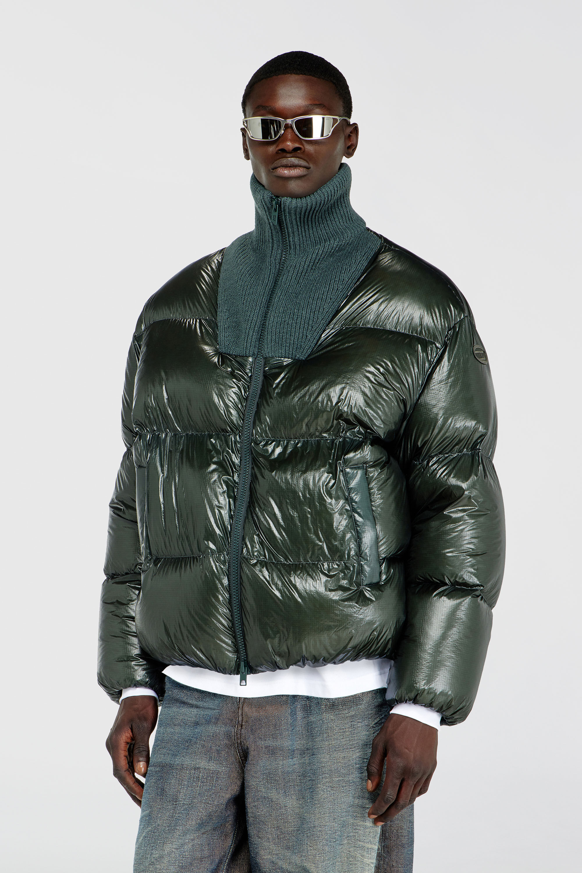 Diesel - W-RIBB, Man's Down puffer jacket in ripstop with ribbed collar in Dark Green - 3