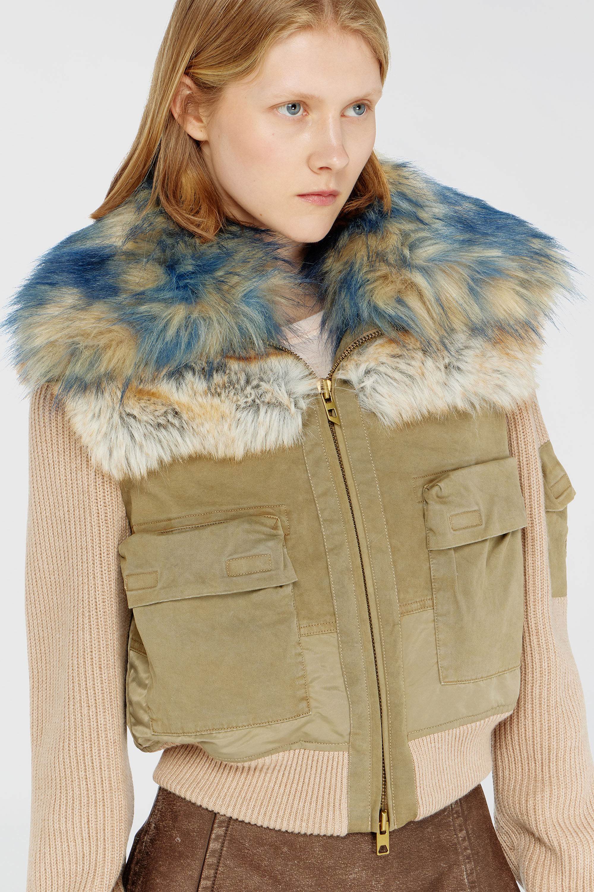 Diesel - G-USTAV, Woman's Bomber jacket with rib-knit and plush trims in Beige - 5