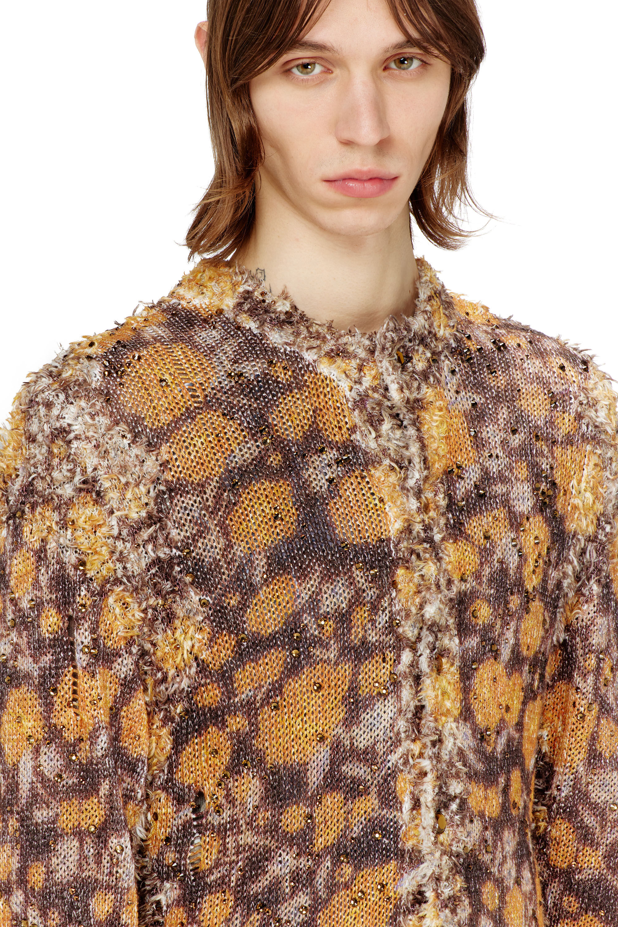 Diesel - K-LINNUS, Man's Printed linen-blend cardigan with crystals in Brown/Orange - 5