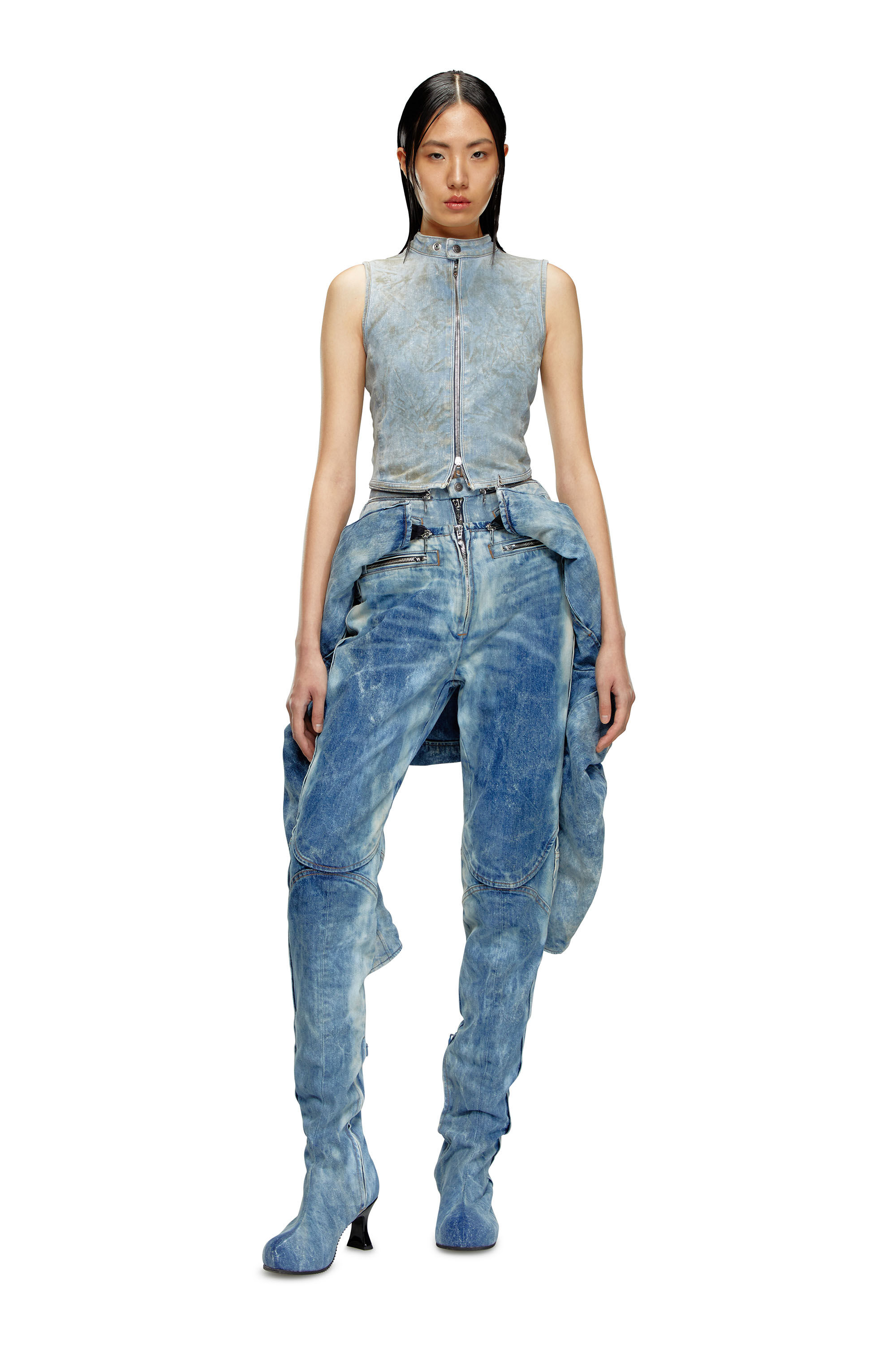Diesel - DE-NATA-FSE, Woman's Second-skin denim top with biker details in Light Blue - 1