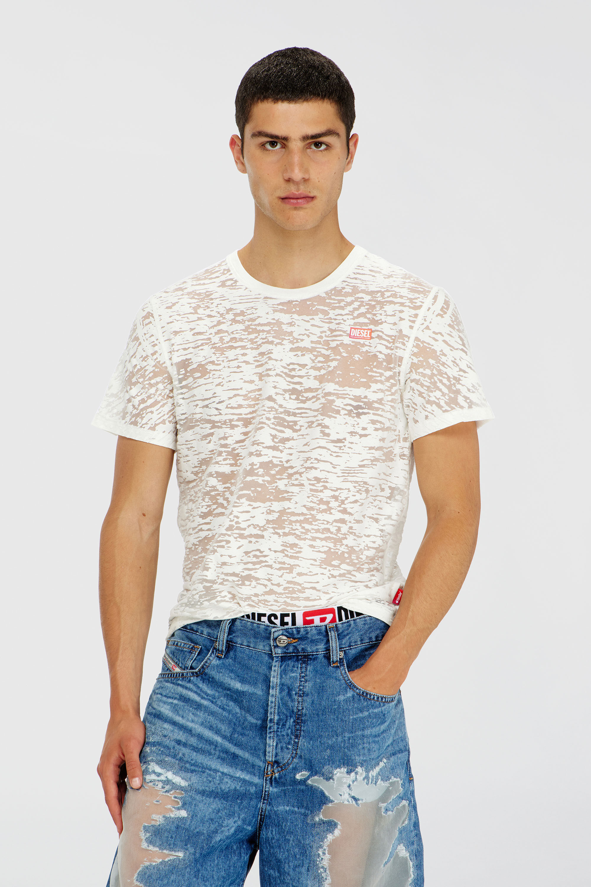Diesel - PR-T-NOTS-MATI-R, Unisex's T-shirt in all-over devor&eacute; jersey in White - 3