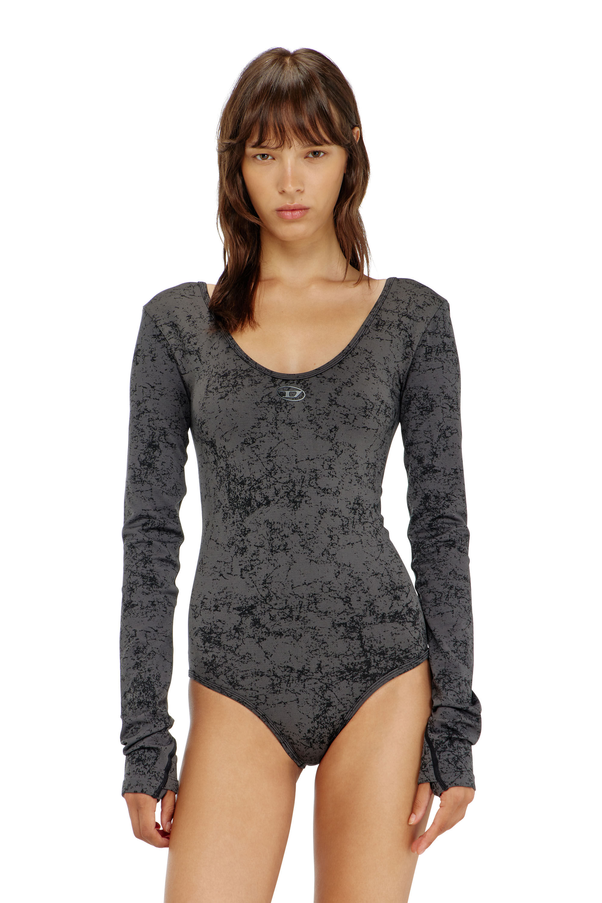 Diesel - IONNA-UTLT, Woman's Open-back bodysuit with utilitarian print in Black - 3