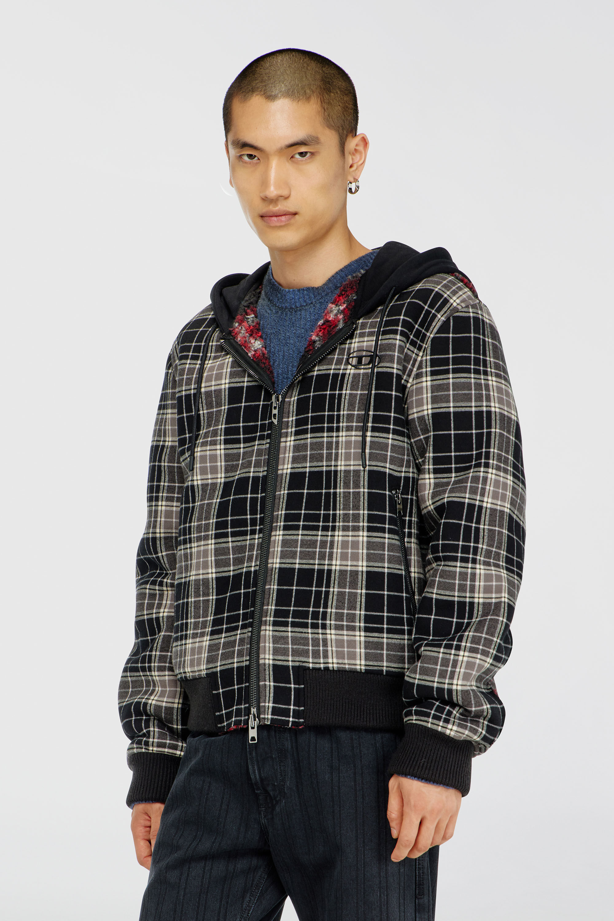 Diesel - W-KUNST, Man's Check-flannel bomber jacket with teddy interior in Grey/Black - 3