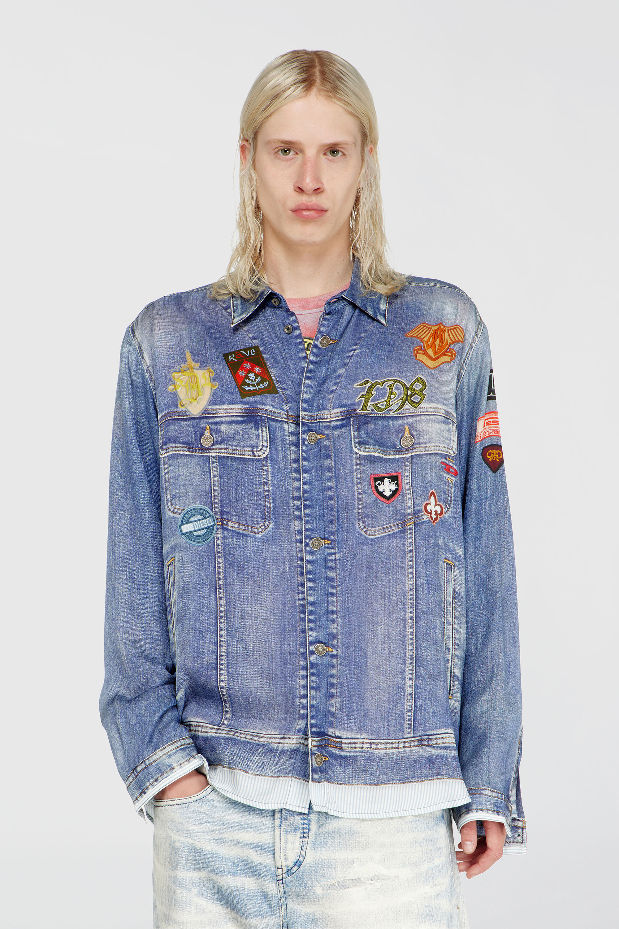 Diesel - S-SIMPLY-PATCH, Man's Satin shirt with trompe-l'oeil denim print in Medium blue - 3