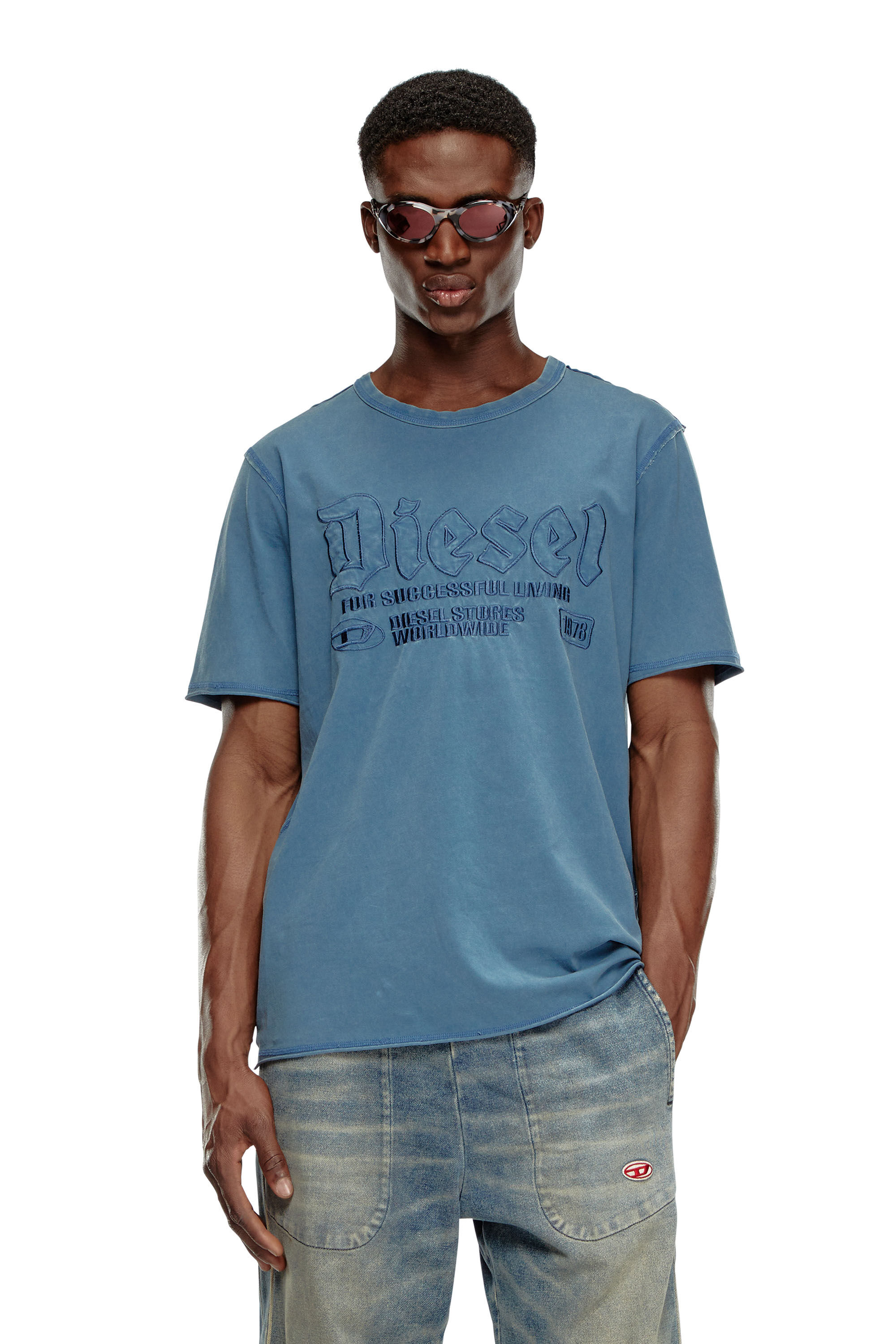 Diesel - T-RAWJUST, Man's Faded T-shirt with tonal embroidery in Blue - 3