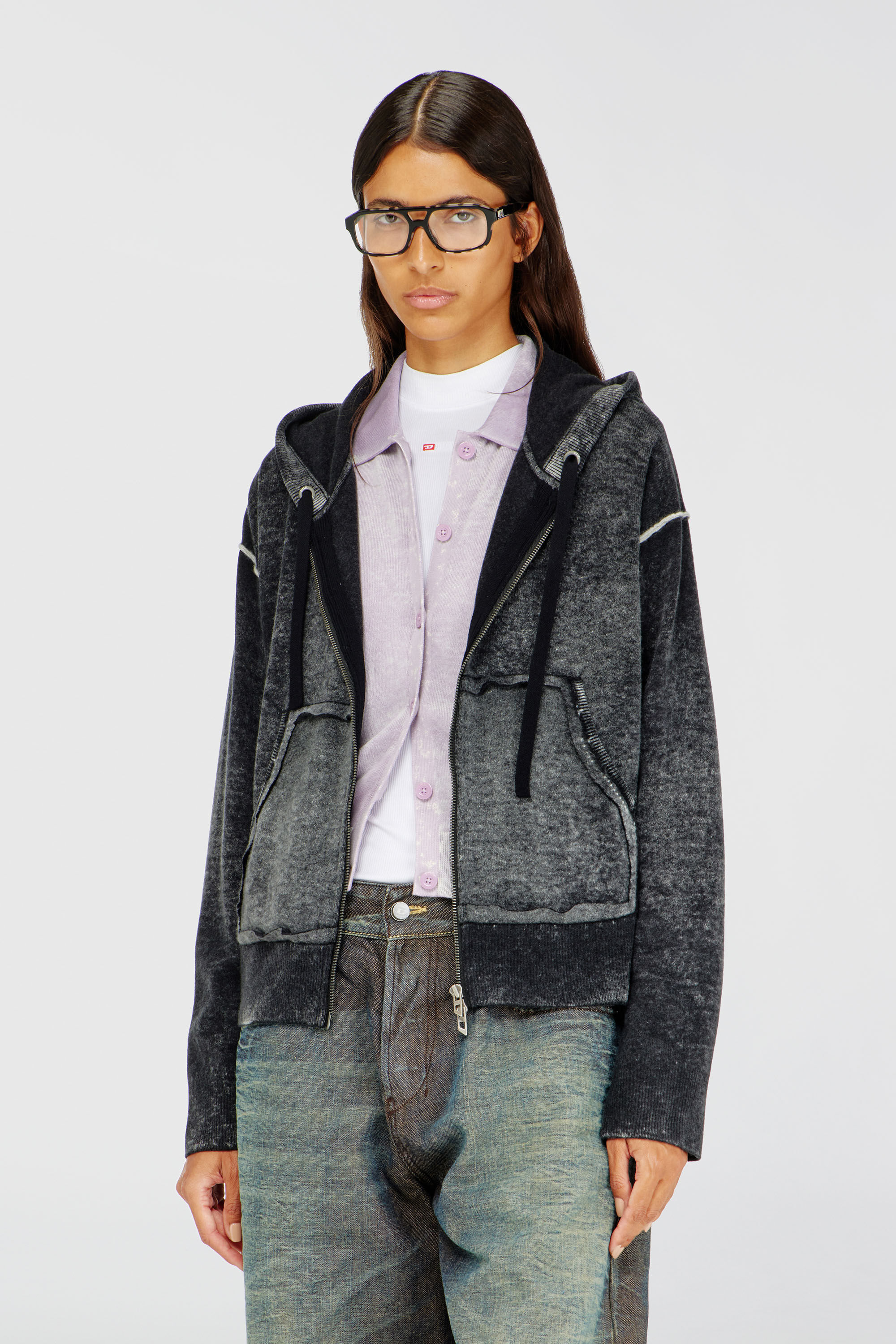 Diesel - M-HERMINE, Woman's Reverse-print hooded cardigan in wool in Black/Grey - 3