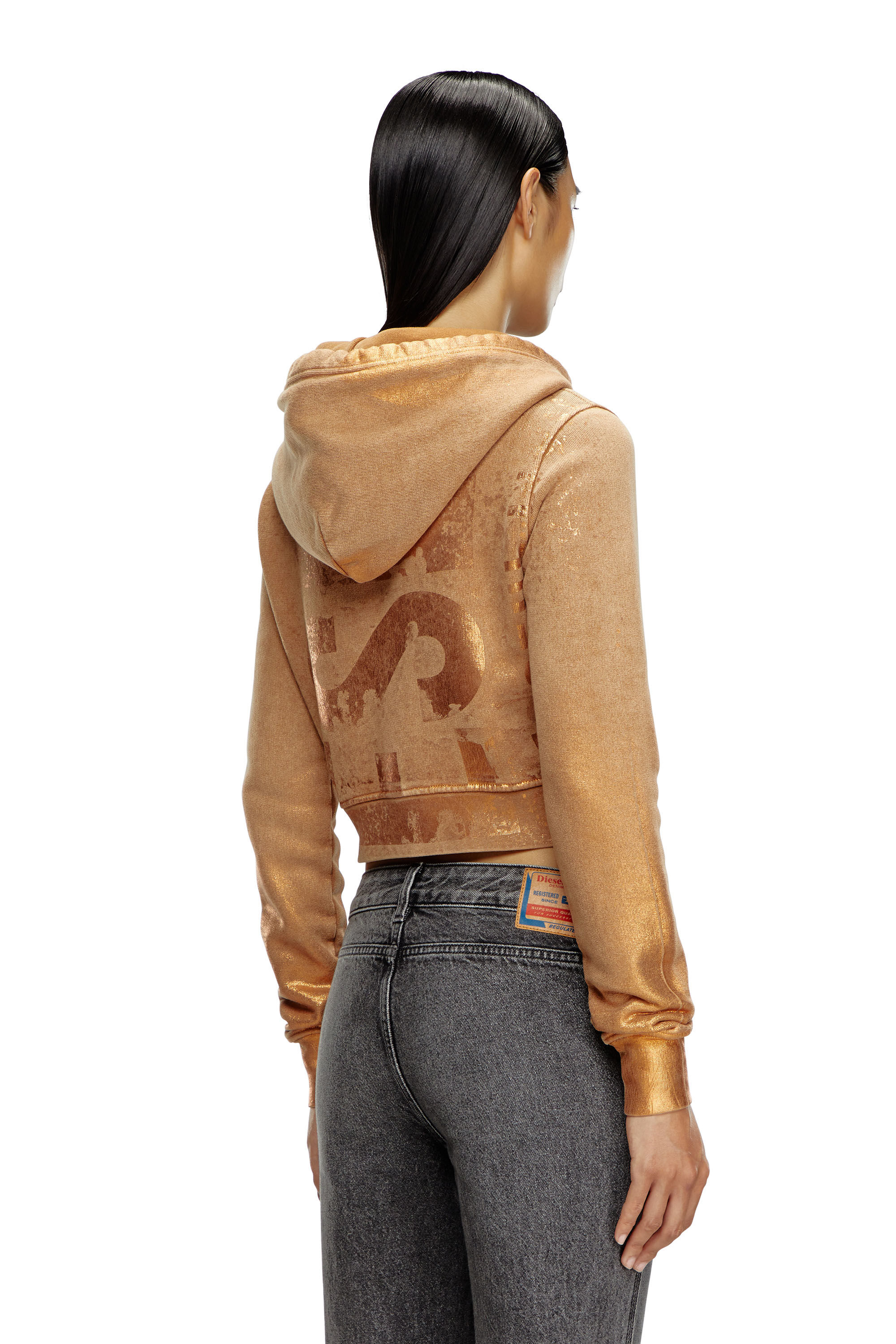 Diesel - F-SLIMMY-HOOD-P6, Woman's Cropped hoodie with metallic effects in Light Brown - 4