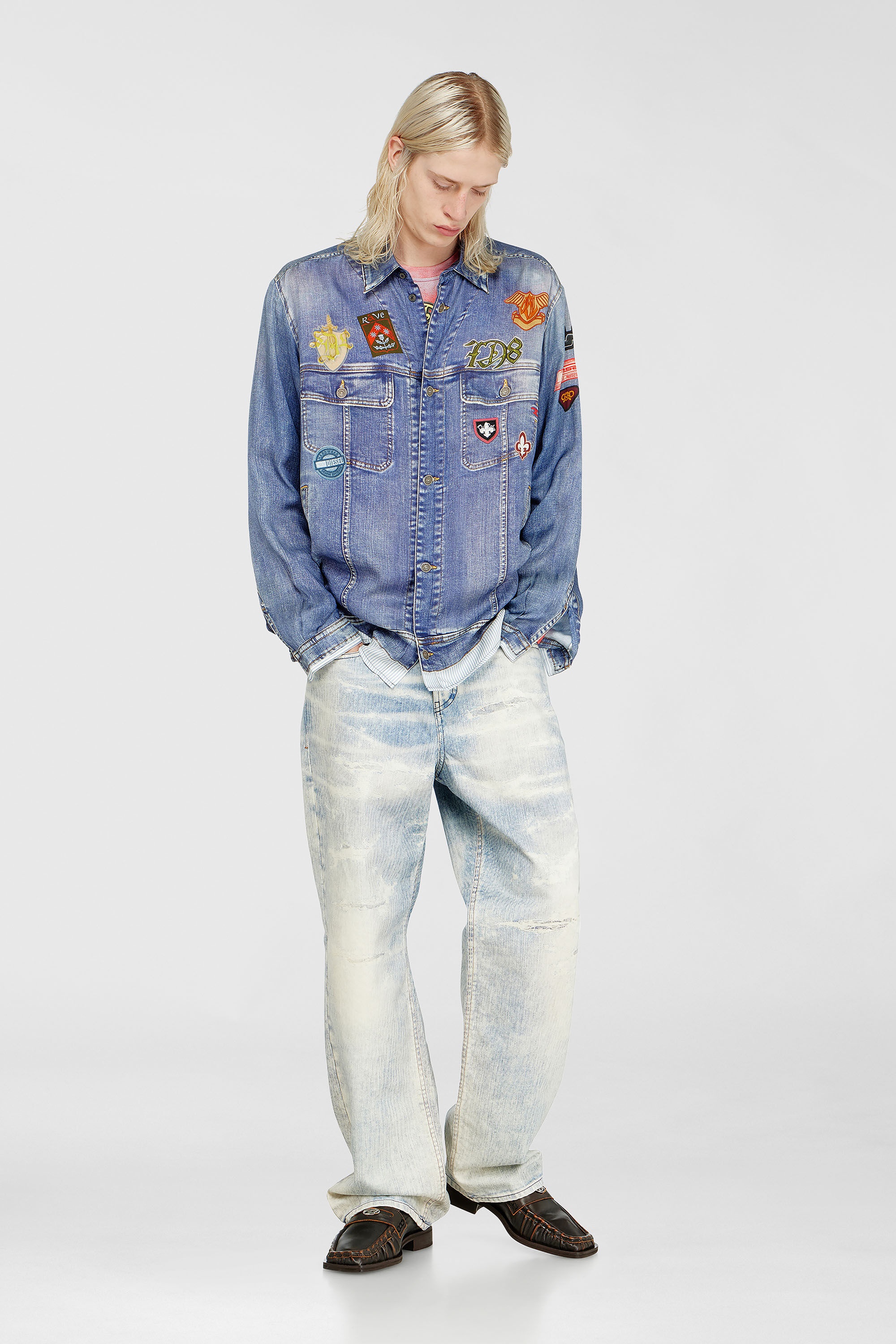 Diesel - S-SIMPLY-PATCH, Man's Satin shirt with trompe-l'oeil denim print in Medium blue - 5