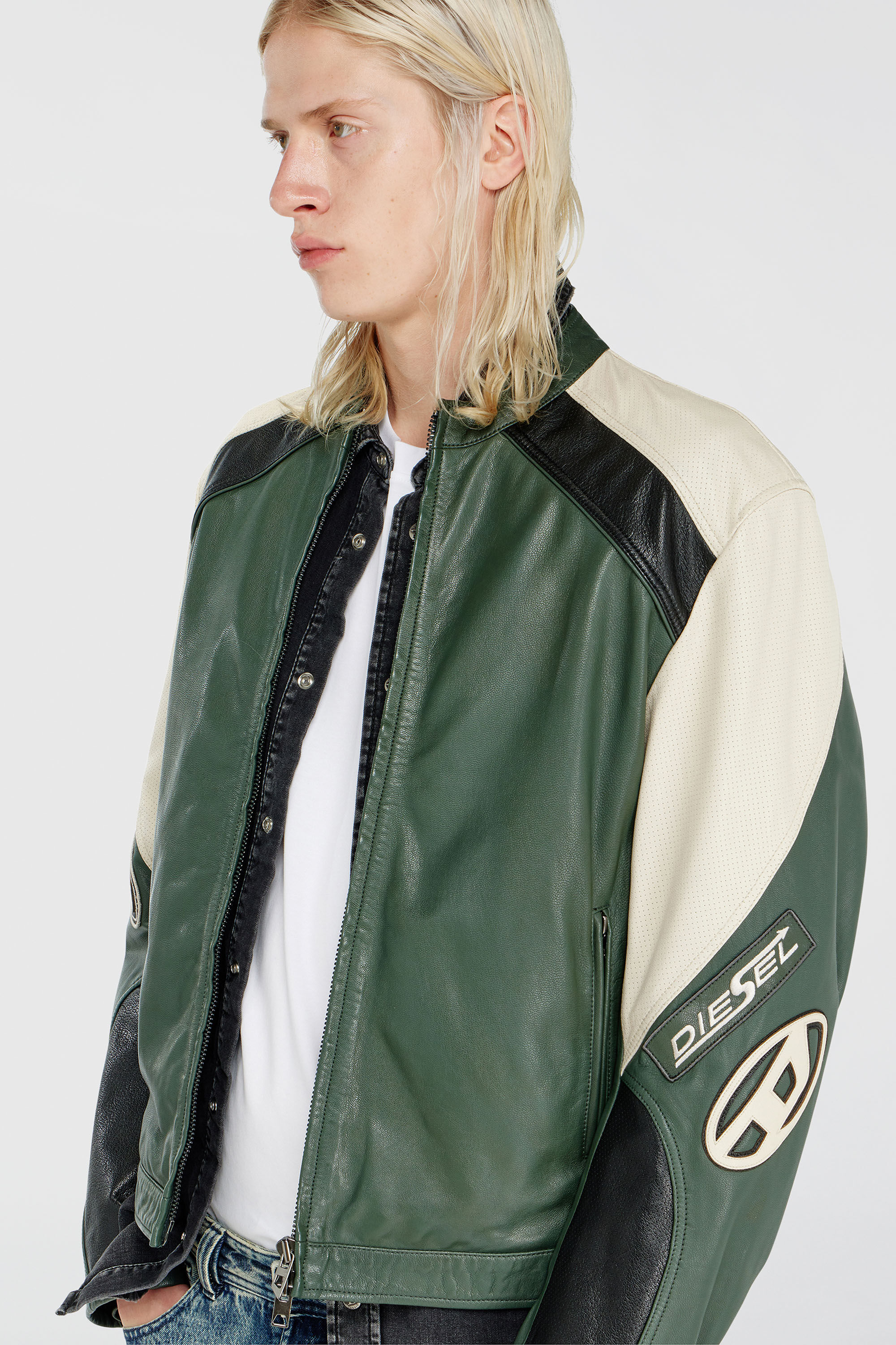 Diesel - L-AHTI, Man's Biker jacket in colour-block perforated leather in Beige/Black - 6
