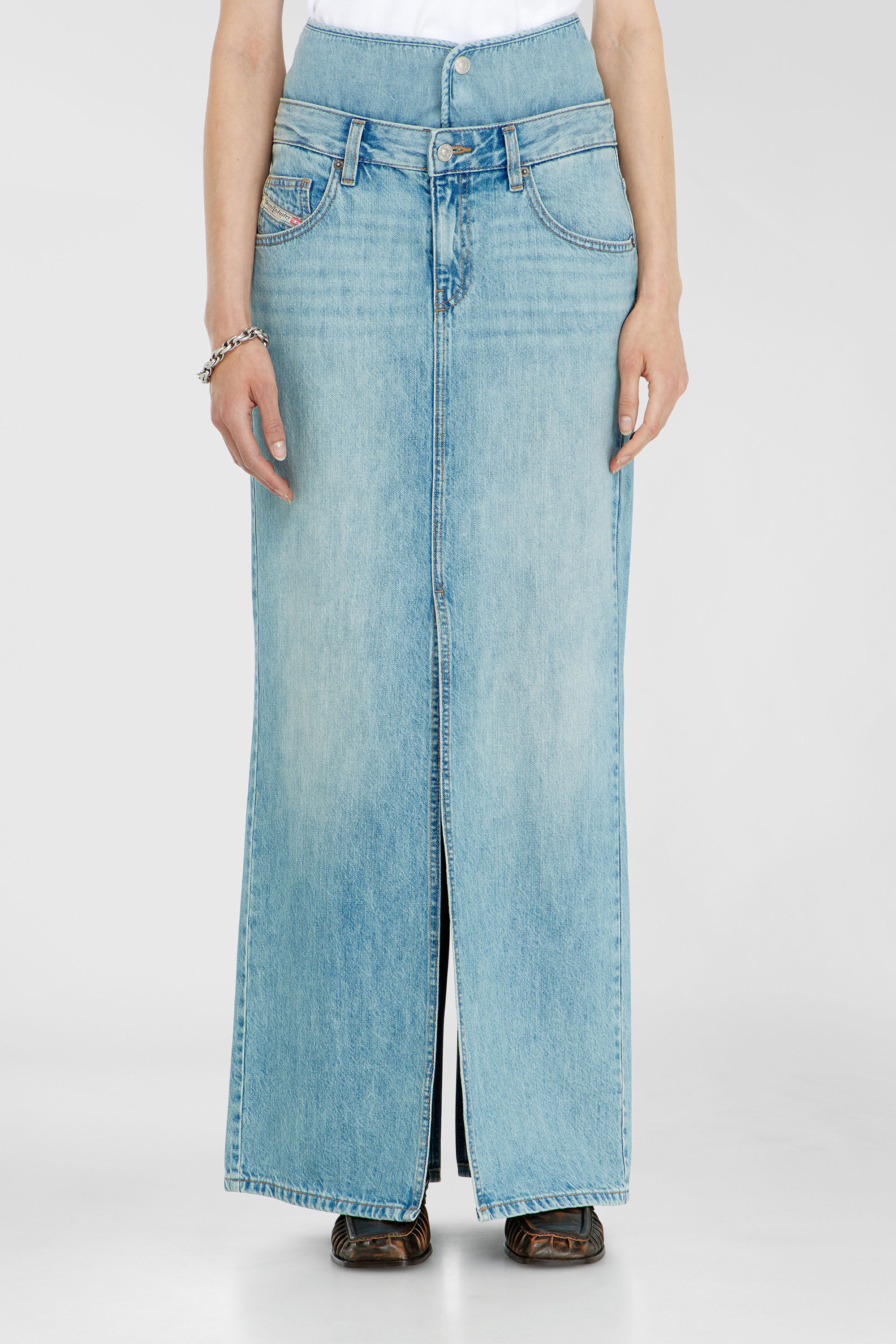 Diesel - DE-SPIVEY, Woman's Jean-illusion denim maxi skirt with slits in Light Blue - 3