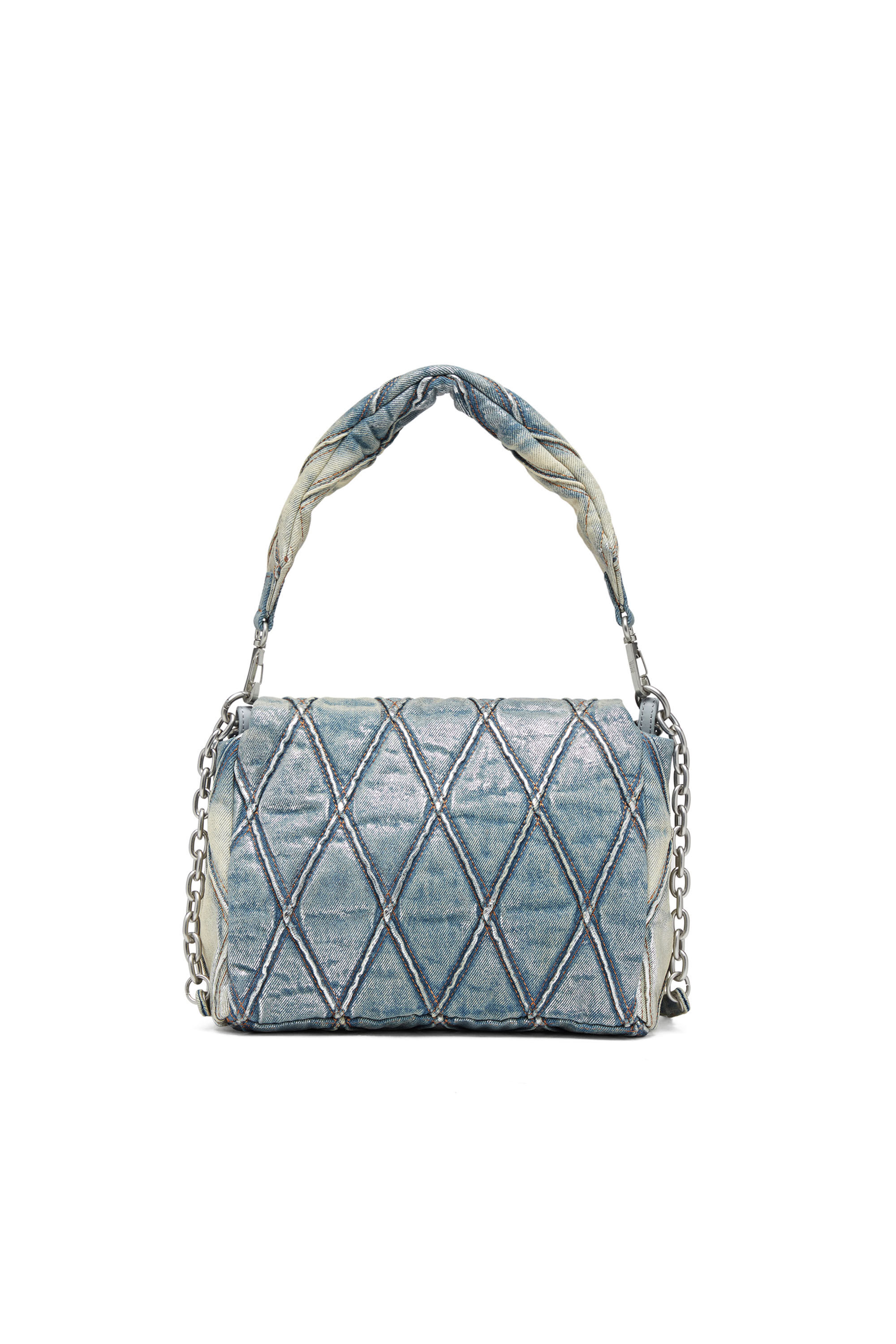 Diesel - CHARM-D SHOULDER M, Woman's Charm-D M-Shoulder bag in metallic quilted denim in Light Blue - 3