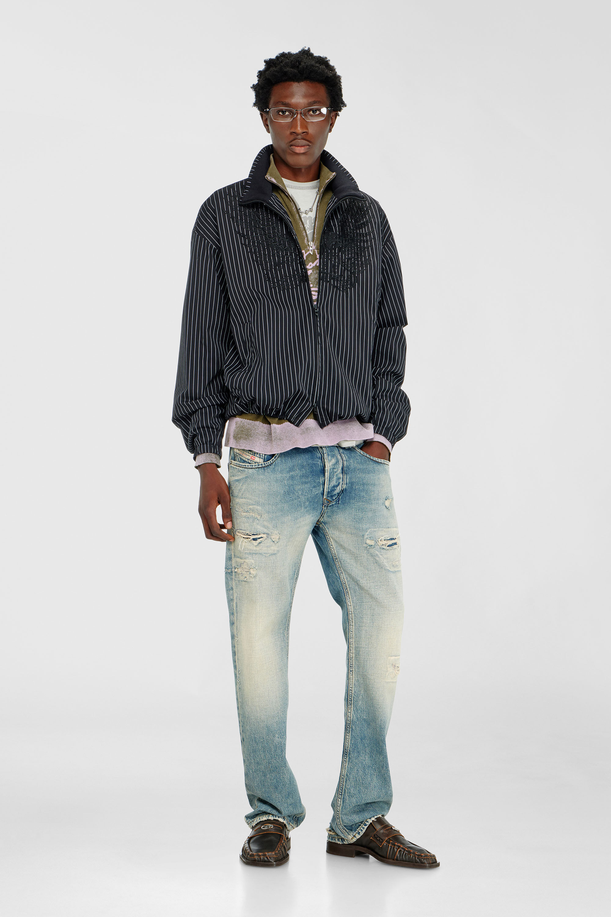 Diesel - J-CORSAR-NJCA, Man's Nylon pinstripe Jacket with Phoenix embroidery in Black - 1