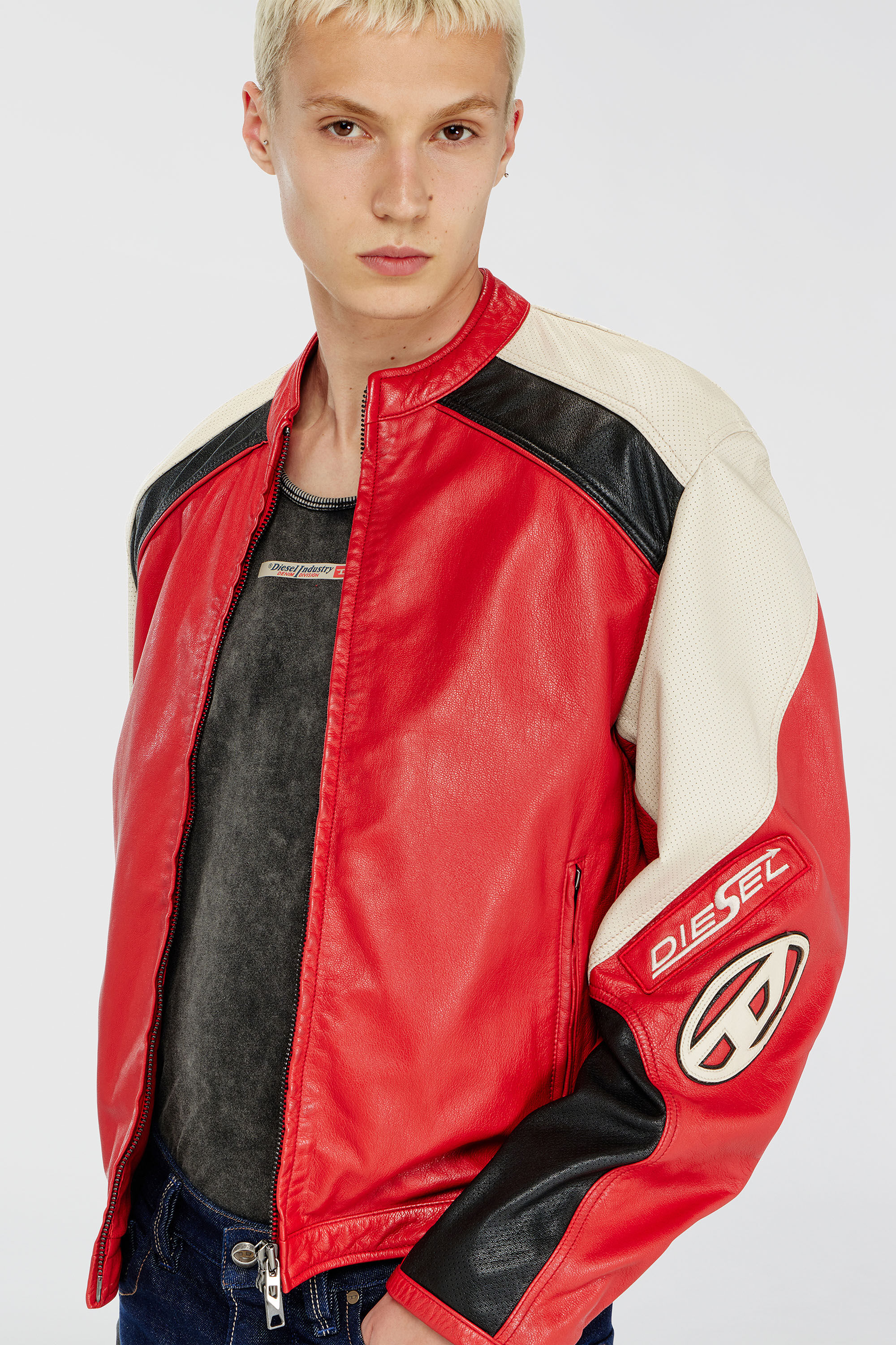 Diesel - L-AHTI, Man's Biker jacket in colour-block perforated leather in Beige/Red - 5