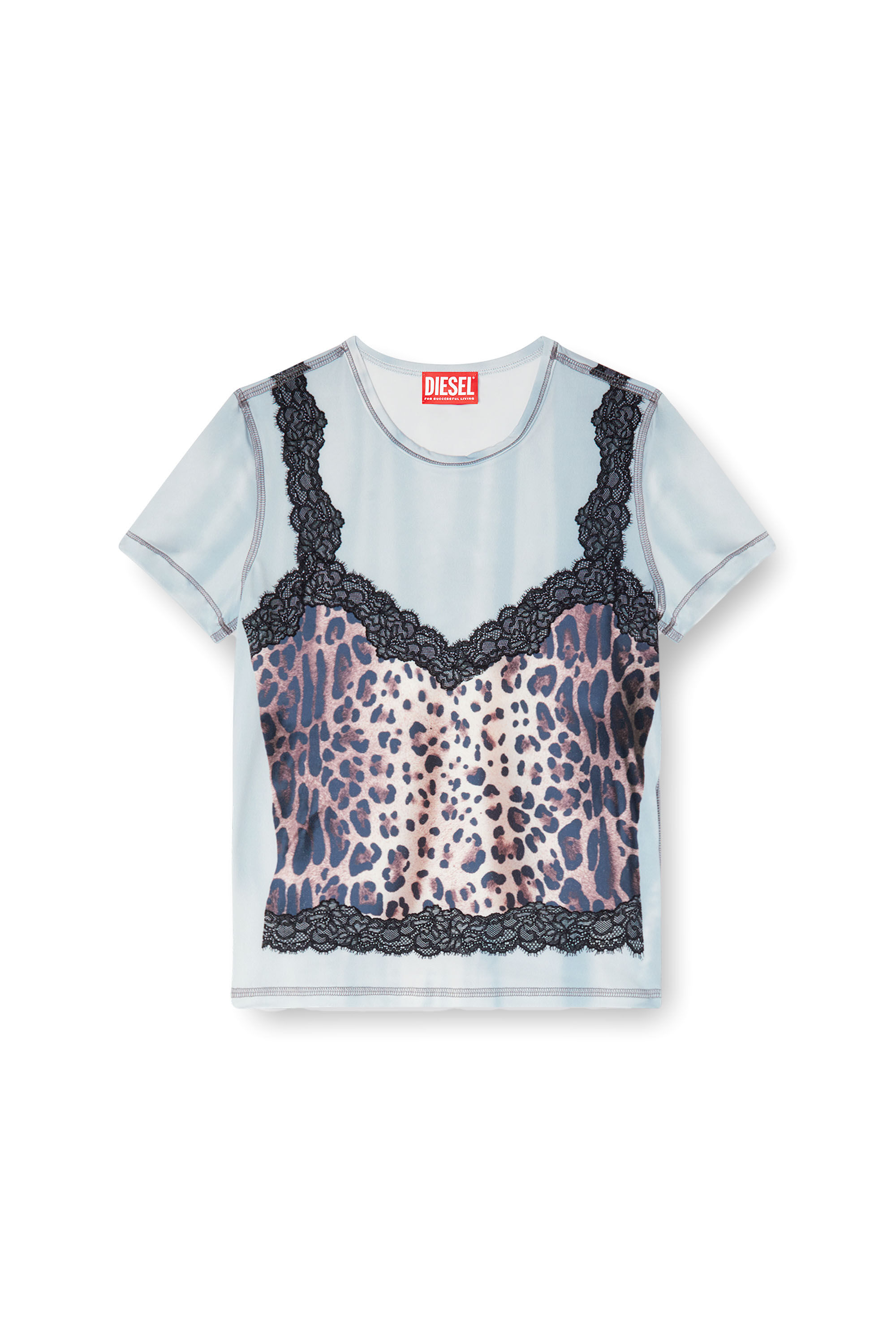 Diesel - T-ILENI, Woman's Stretch T-shirt with trompe l'oeil cami in Light Blue - 2