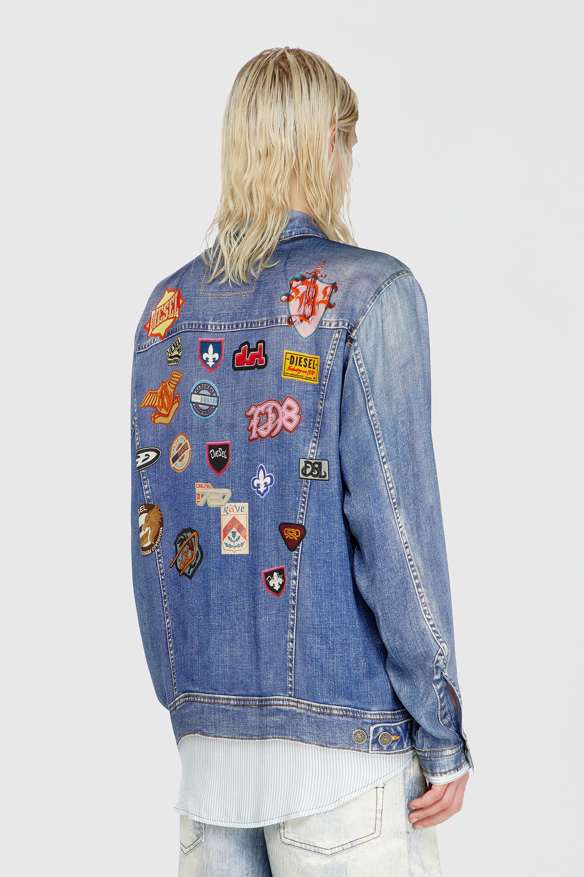 Diesel - S-SIMPLY-PATCH, Man's Satin shirt with trompe-l'oeil denim print in Medium blue - 4