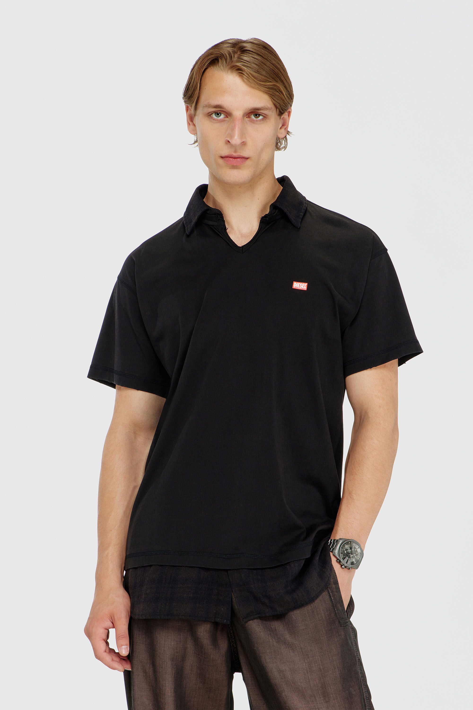 Diesel - T-ANSEL, Man's Jersey polo shirt with check flannel trims in Black - 3