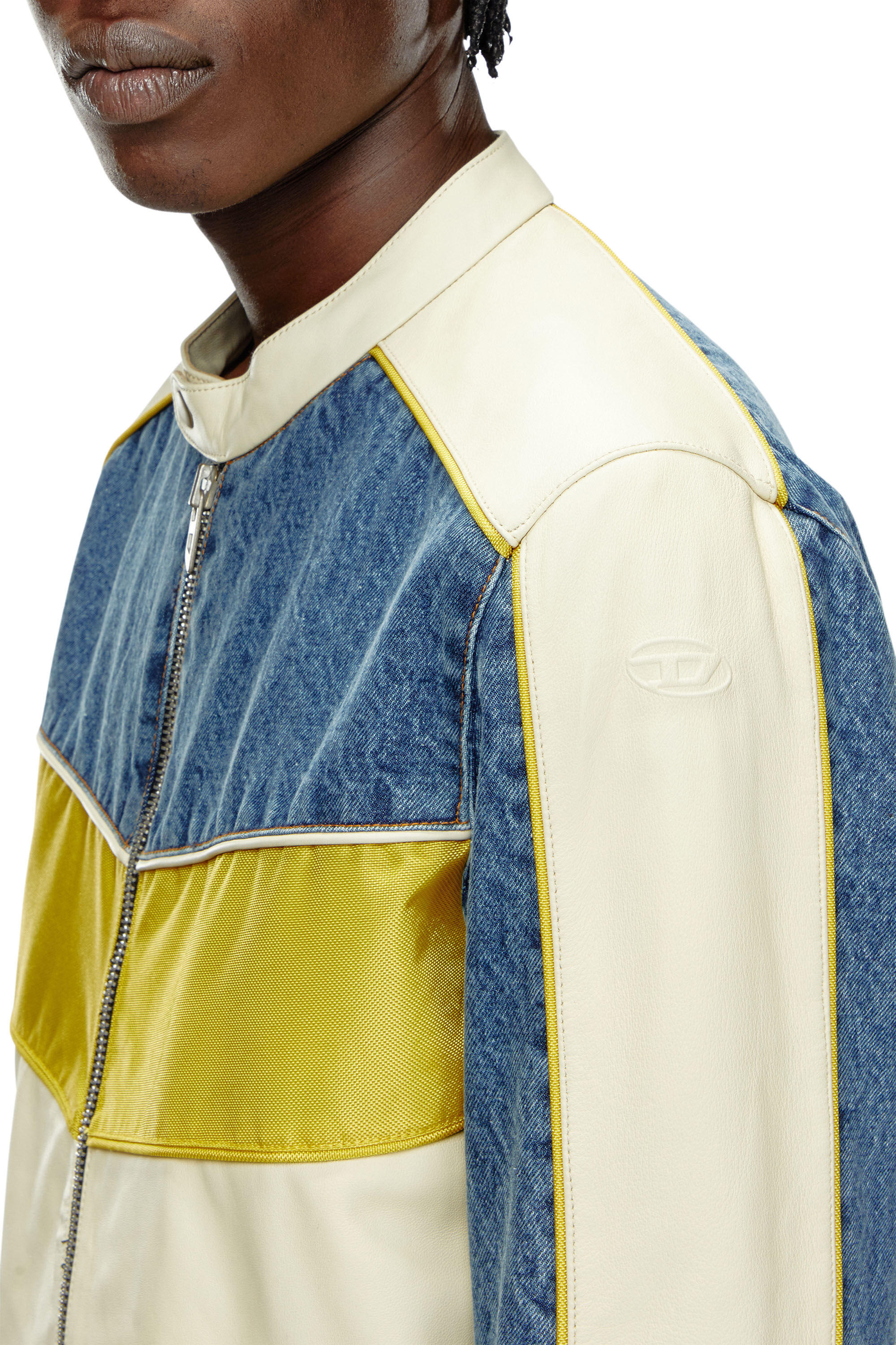 Diesel - L-LEOPOL, Man's Denim and shell-panelled leather jacket in White/Yellow - 5