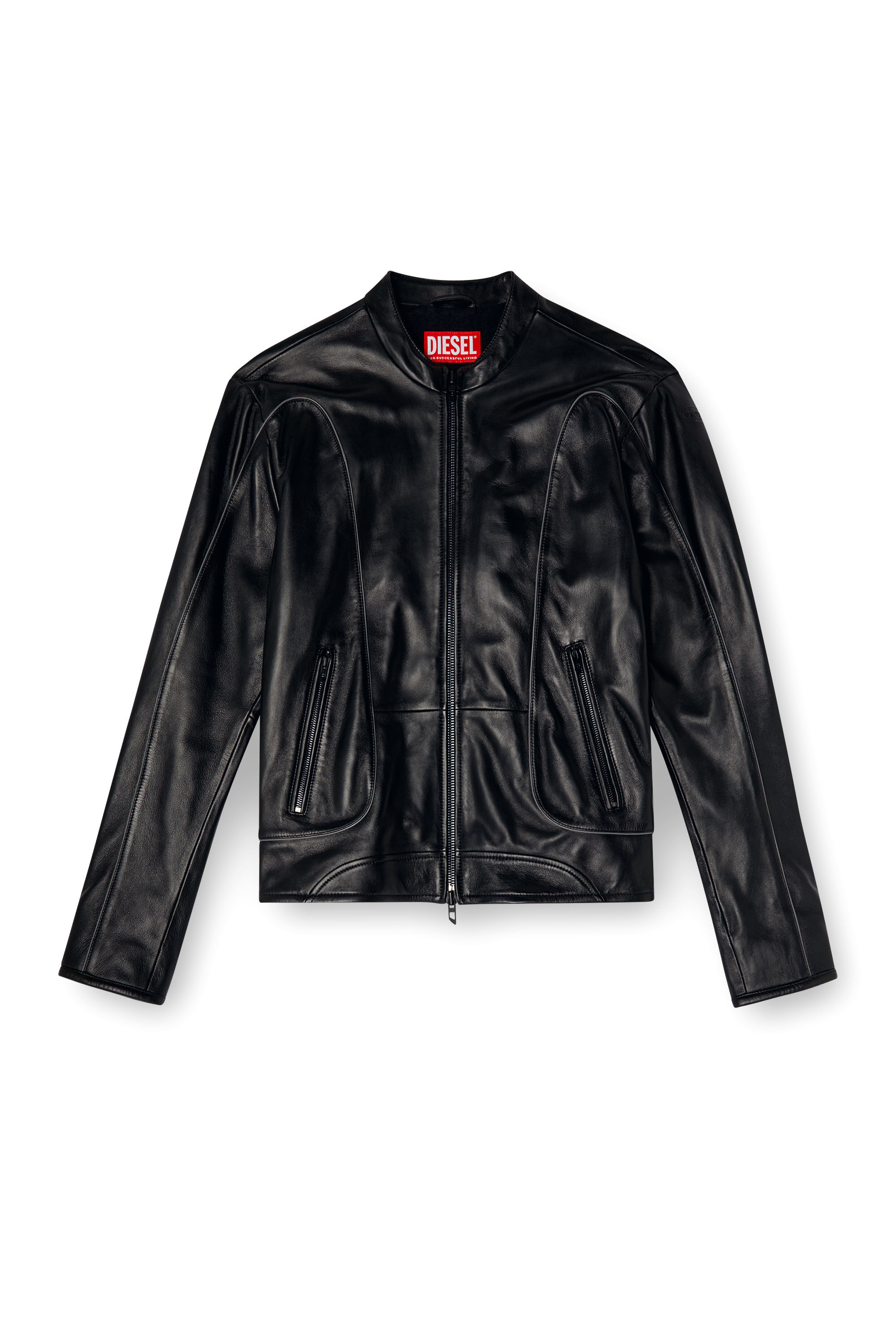 Diesel - L-KRIXY, Man's Leather biker jacket with piping detail in Black - 2