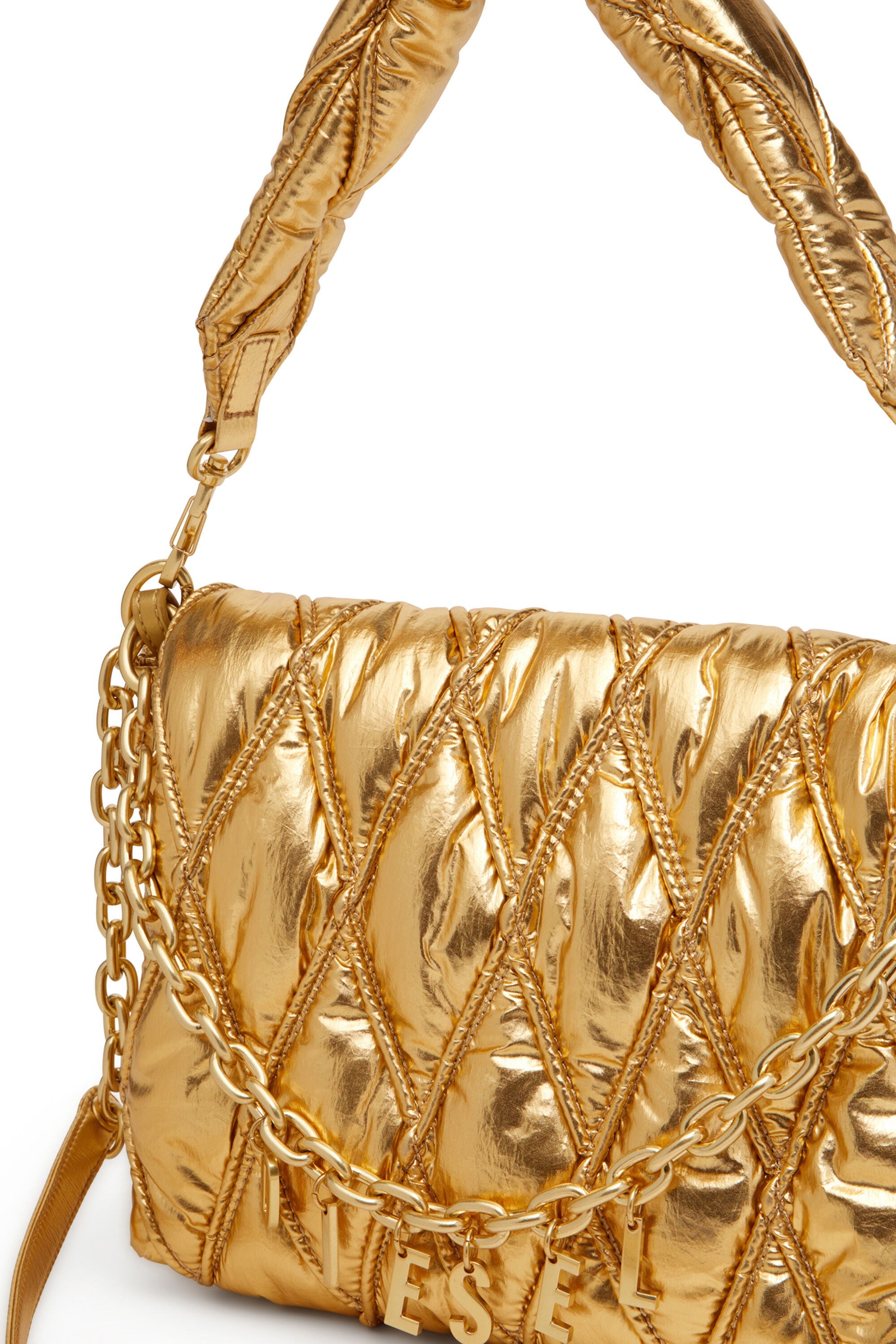 Diesel - CHARM-D SHOULDER M, Woman's Shoulder bag in quilted metallic nylon in Gold - 2