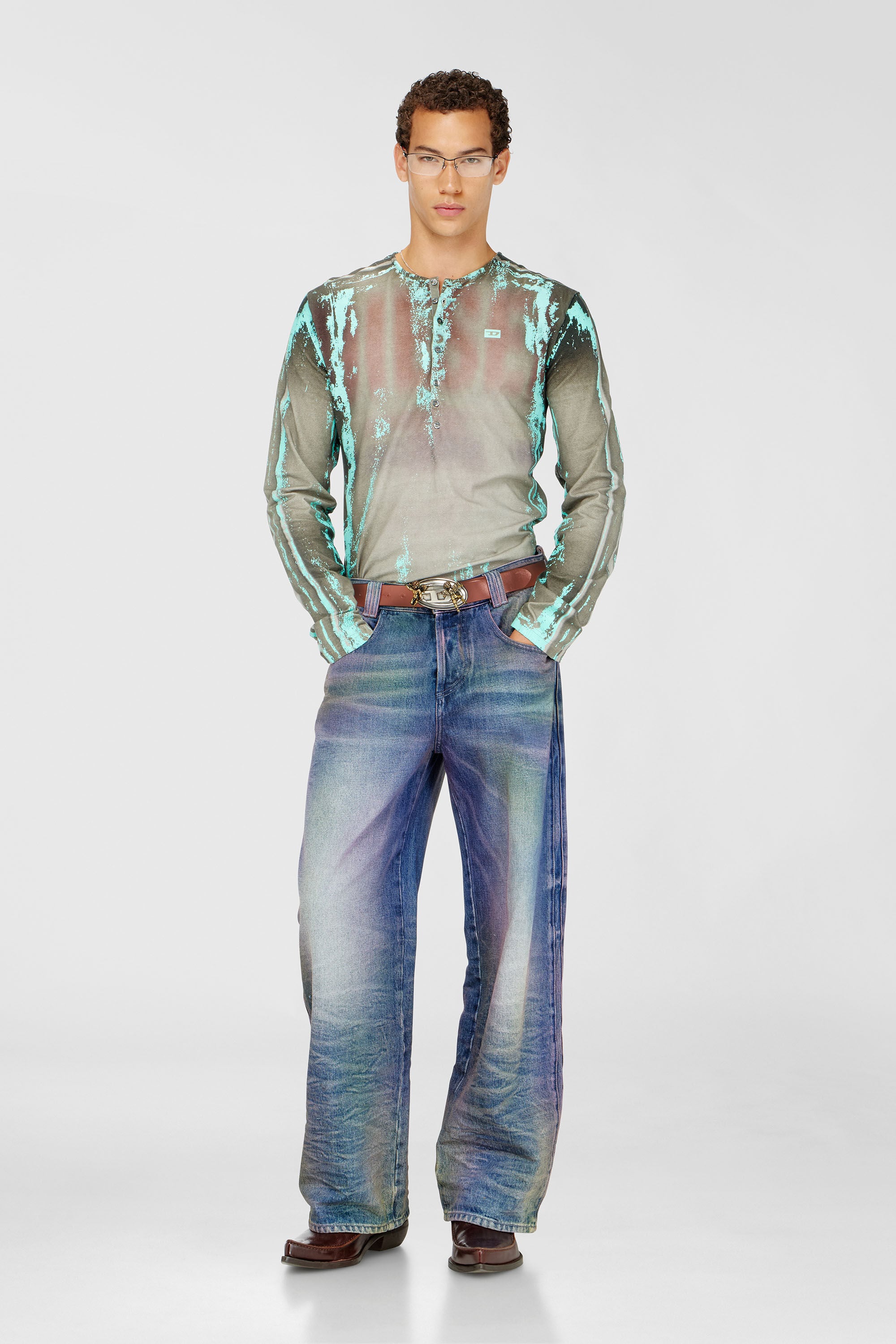 Diesel - T-FYNO-ML, Man's Grandad T-shirt in cracked leather-effect jersey in Grey/Blue - 1