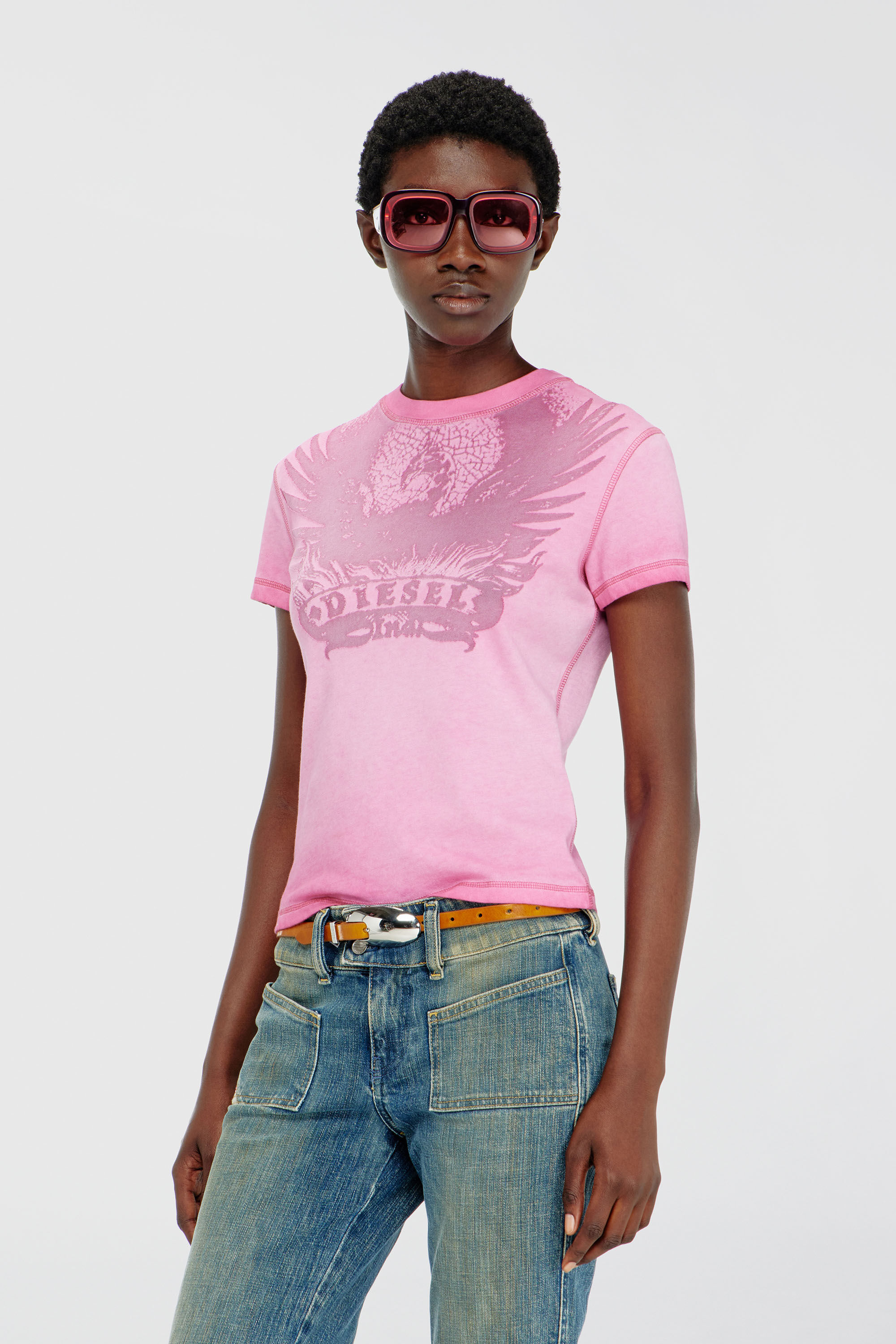 Diesel - T-ILA-AA7, Woman's Slim T-shirt with d&eacute;vor&eacute; Phoenix in Hot pink - 3