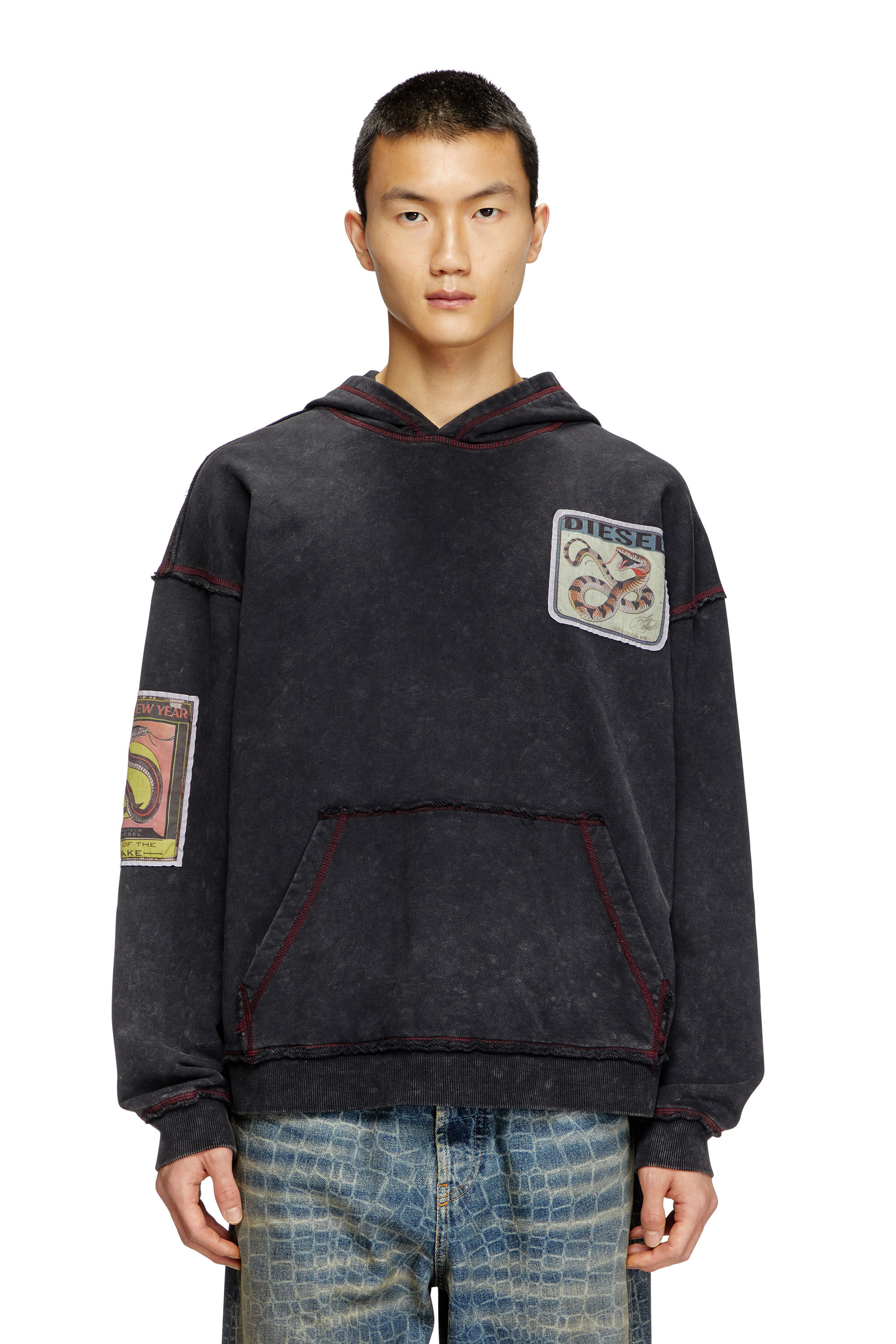 Diesel - CL-S-BOXT-HOOD-SNAKE, Unisex's Treated hoodie with snake patches in Black - 3