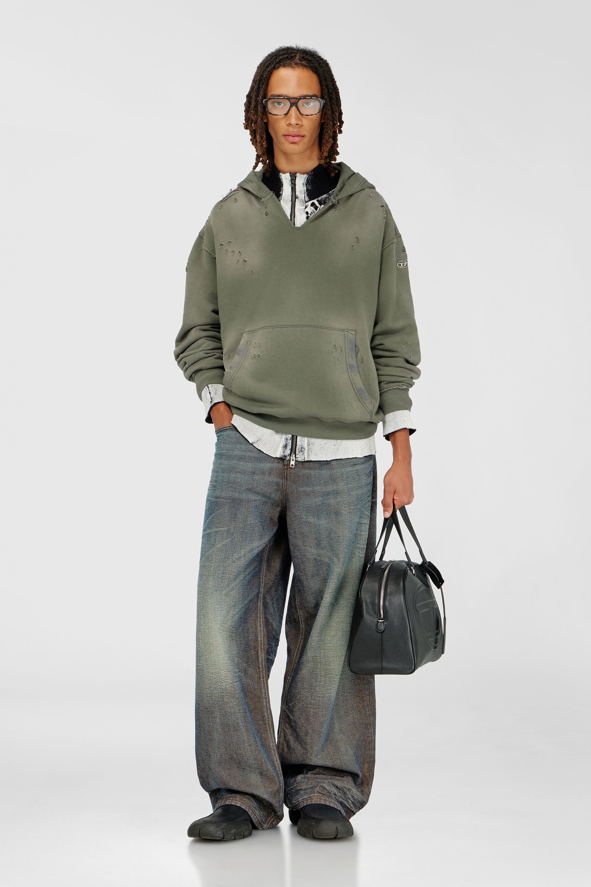 Diesel - S-KEITHY, Man's Distressed hoodie with V-neck in Olive Green - 1