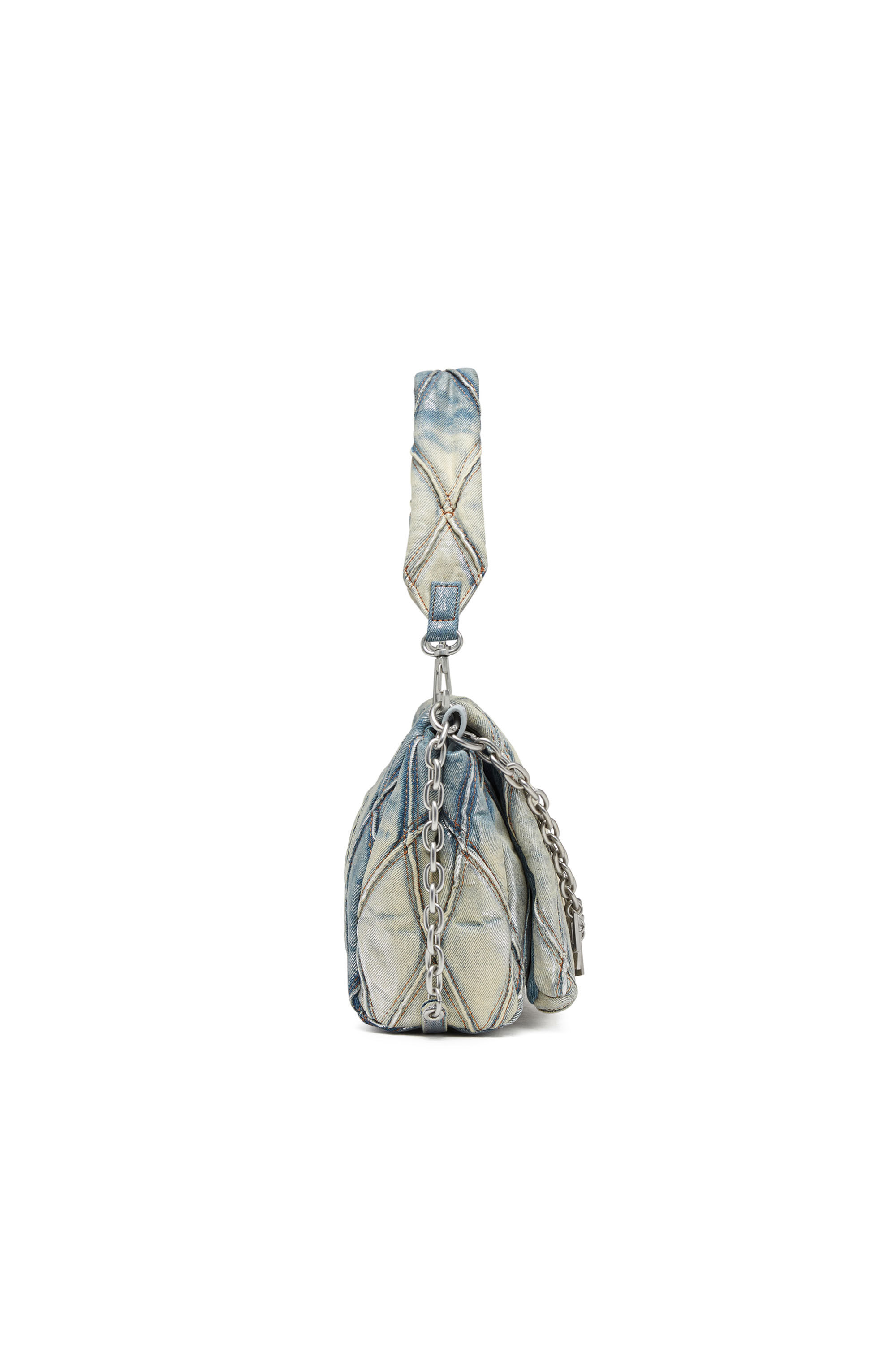 Diesel - CHARM-D SHOULDER M, Woman's Charm-D M-Shoulder bag in metallic quilted denim in Light Blue - 4