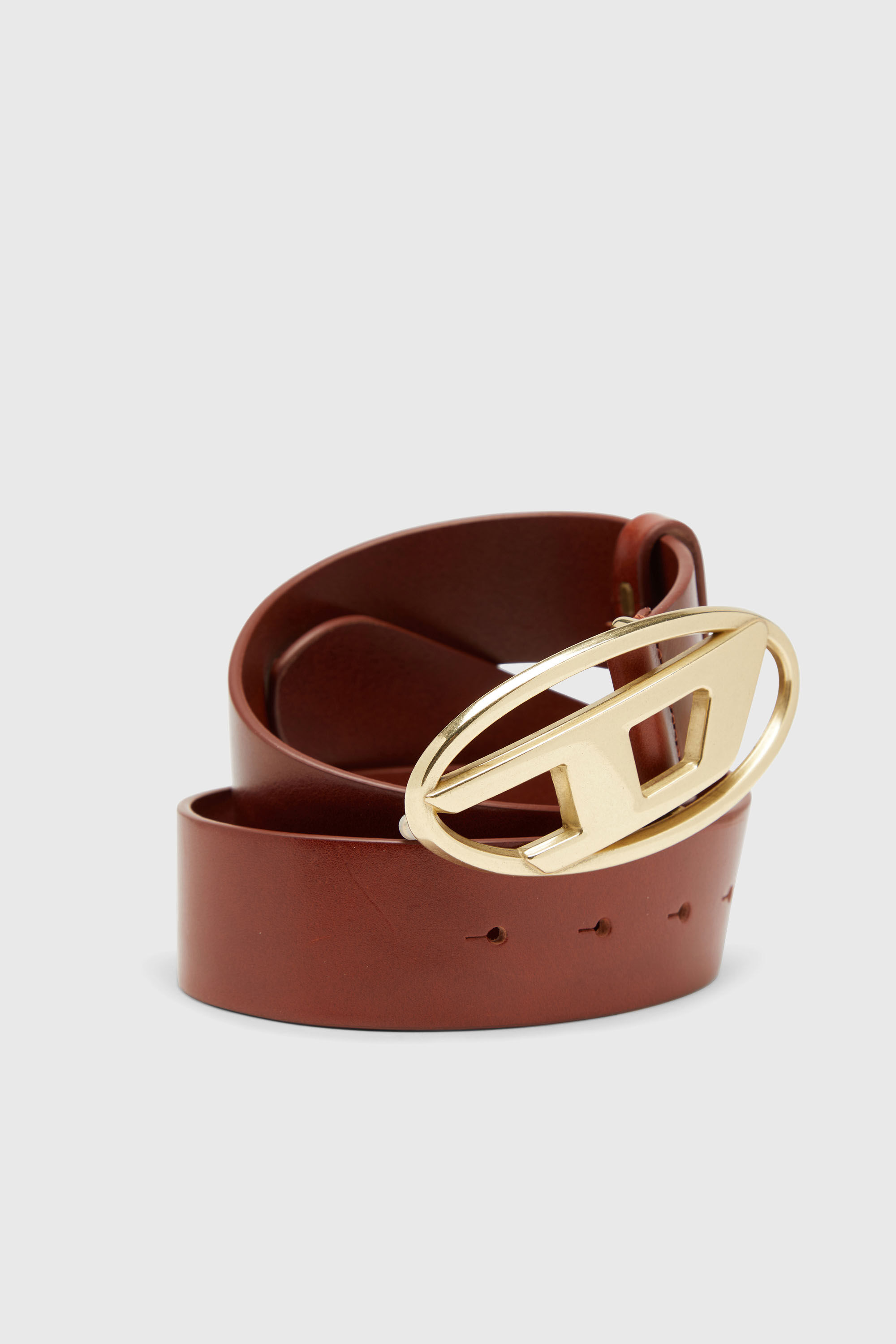Diesel - B-1DR W, Unisex's 4 cm leather belt with Oval D buckle in Brown/Gold - 3