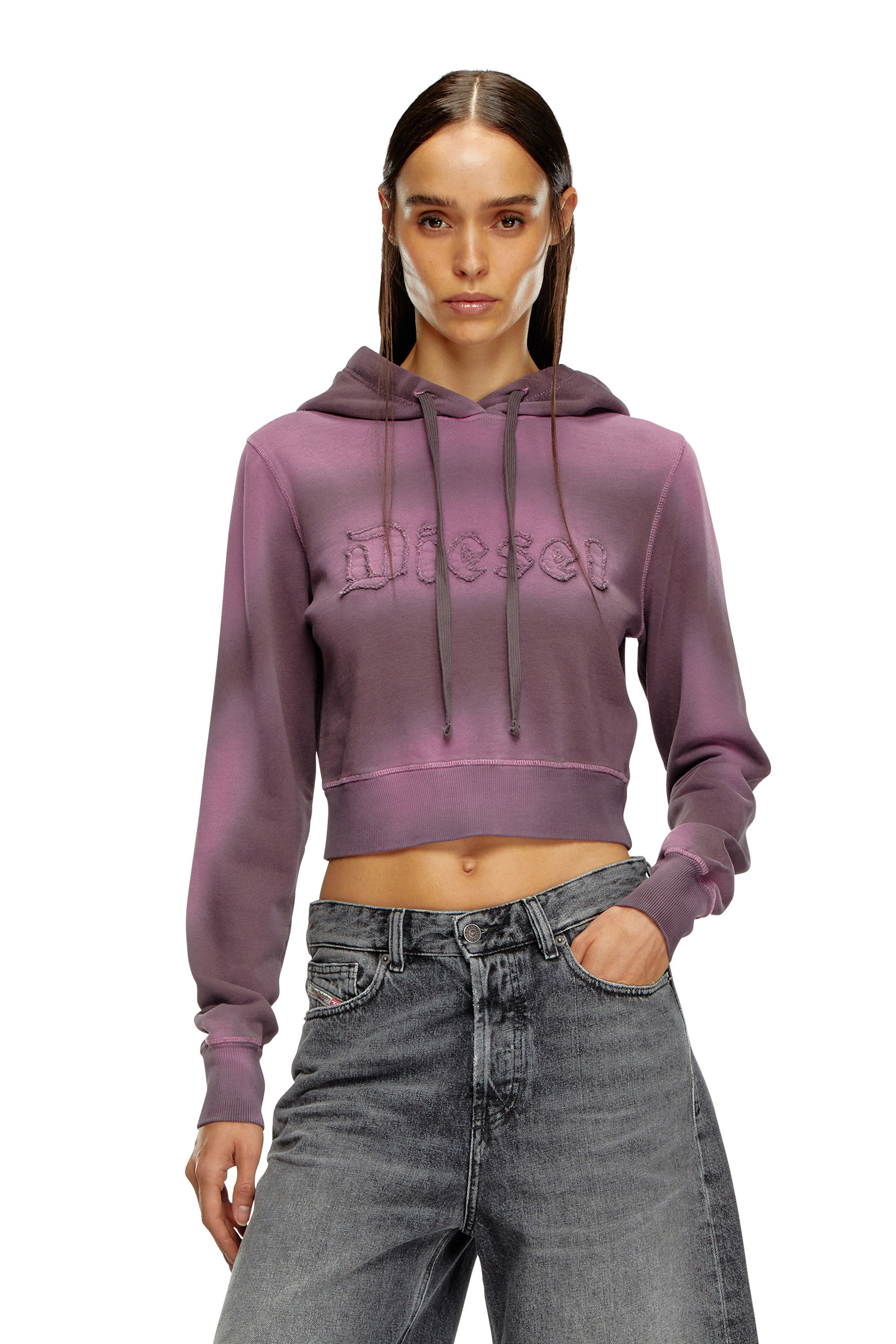 Diesel - F-SLIMMY-HOOD-P1, Woman's Overdyed hoodie with frayed logo in Dark Violet - 3