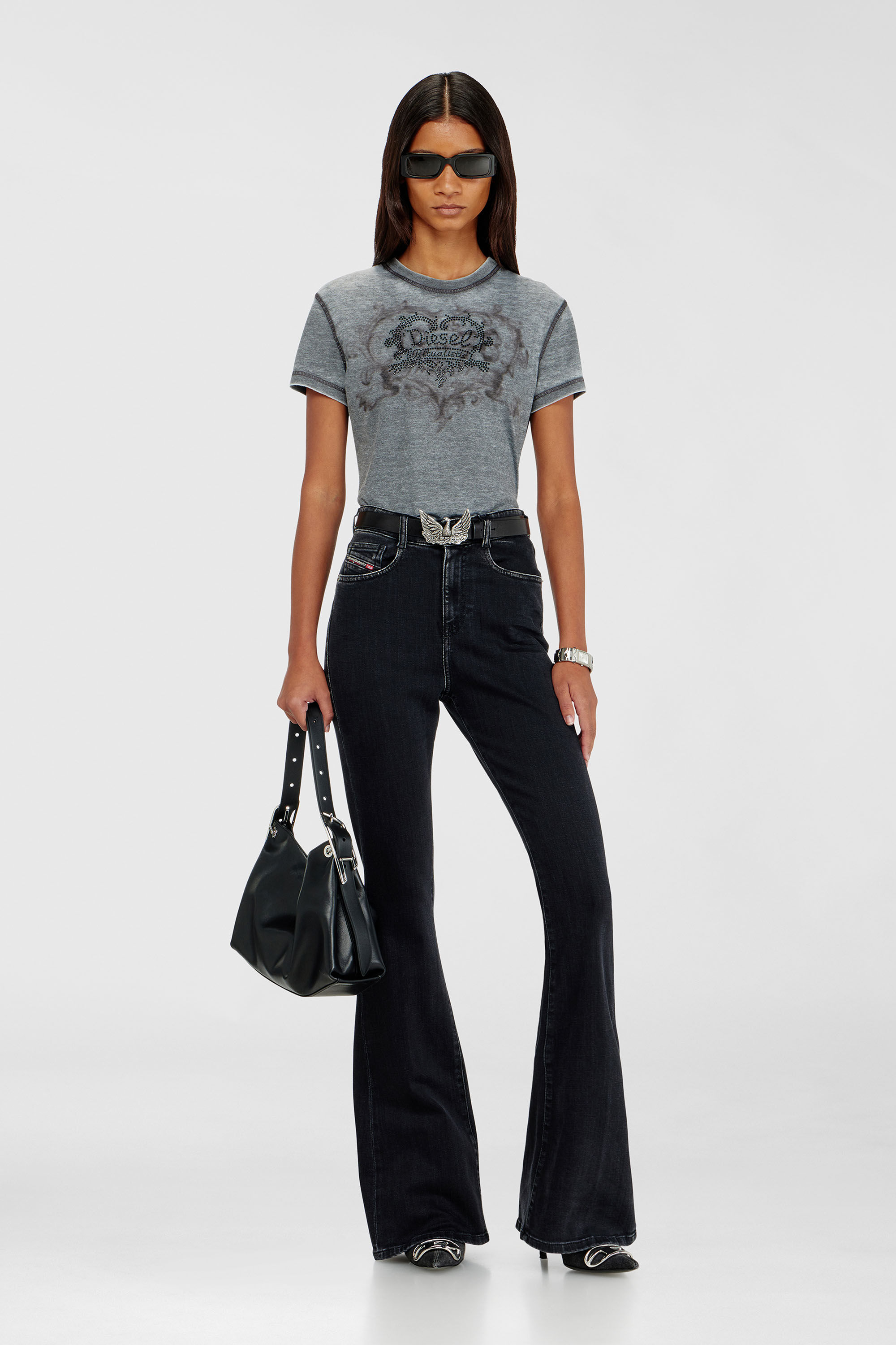 Diesel - T-ILA-AA1, Woman's Jersey t-shirt with rhinestones and burnout effect in Grey - 1