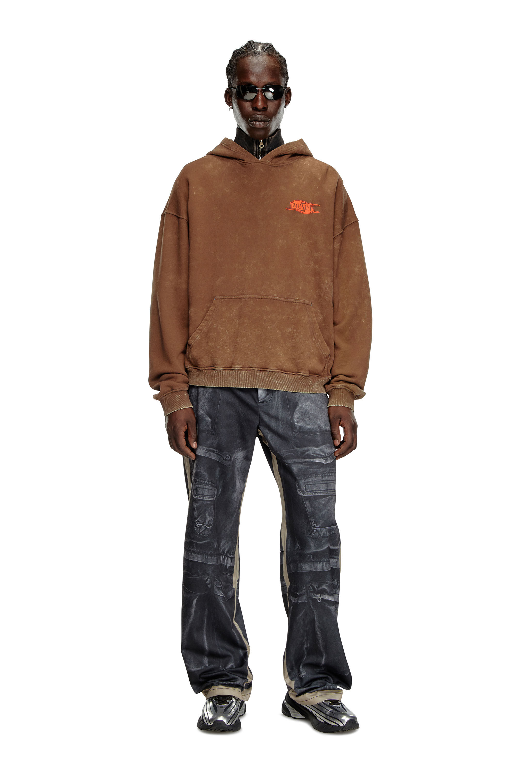 Diesel - S-BOXT-HOOD-Q5, Man's Marbled hoodie with puff-print logo in Brown - 1