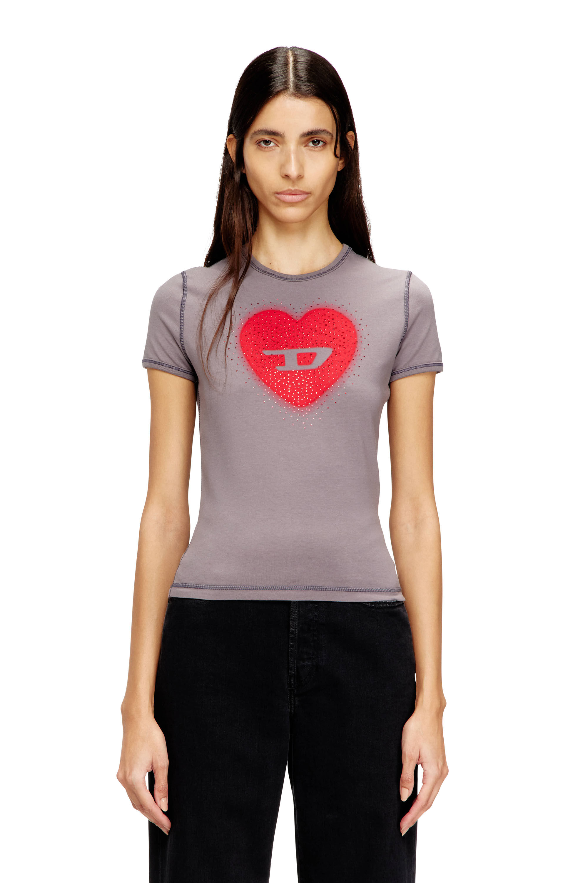 DIESEL ハートロゴ Tシャツ グレー M Women's Slim T-shirt with heart print and studs | Grey | Diesel