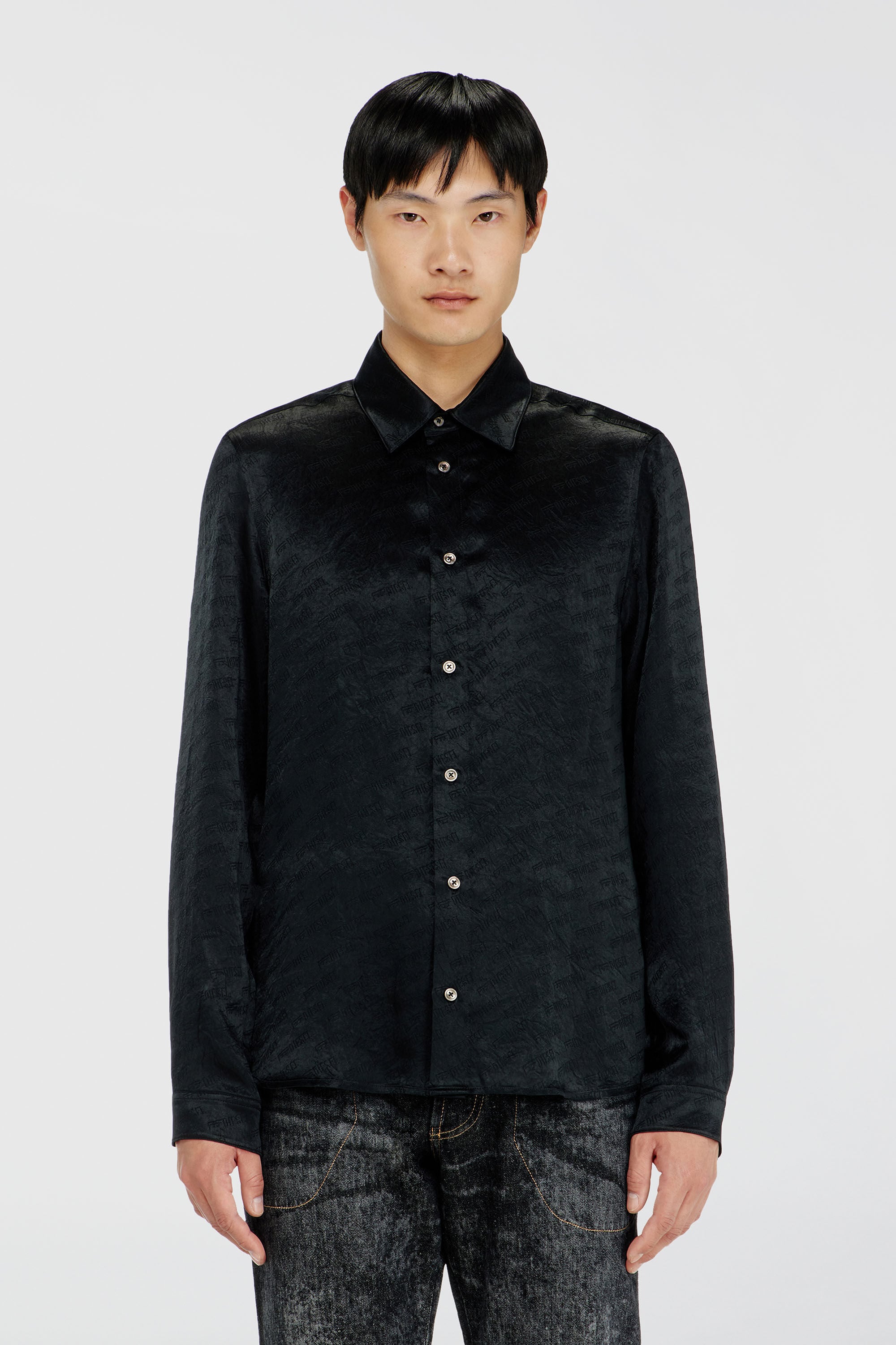Diesel - S-KINNY-EFBZ, Man's Shirt in logo-jacquard crinkled satin in Black - 3
