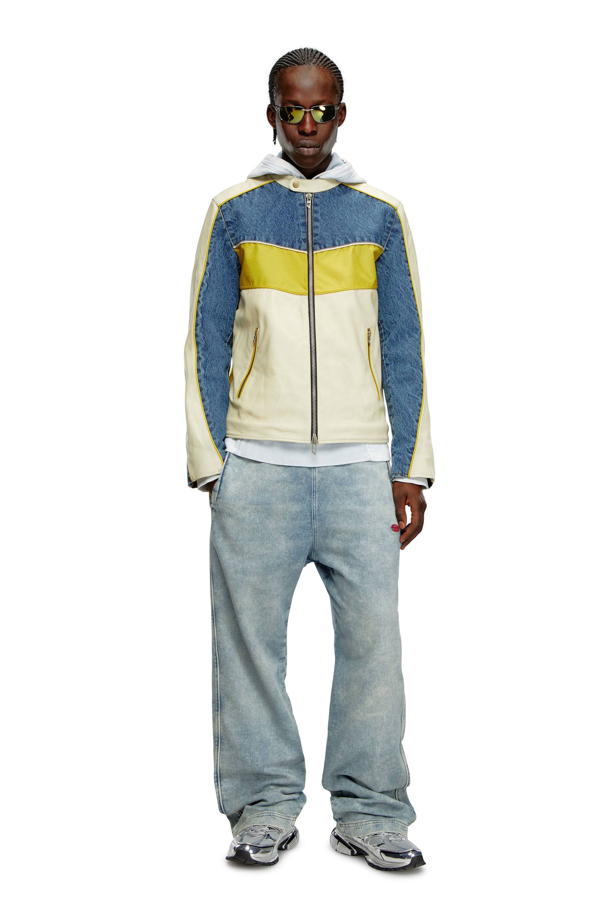 Diesel - L-LEOPOL, Man's Denim and shell-panelled leather jacket in White/Yellow - 1