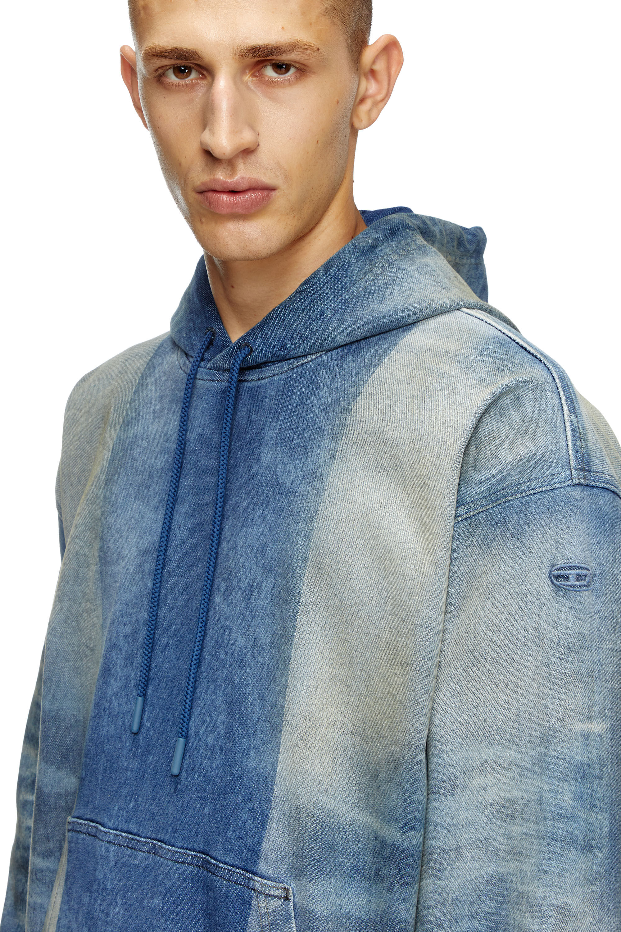 Diesel - D-UM-RIB-FSF TRACK, Unisex's Hoodie in Track Denim with solarised folds in Medium blue - 5